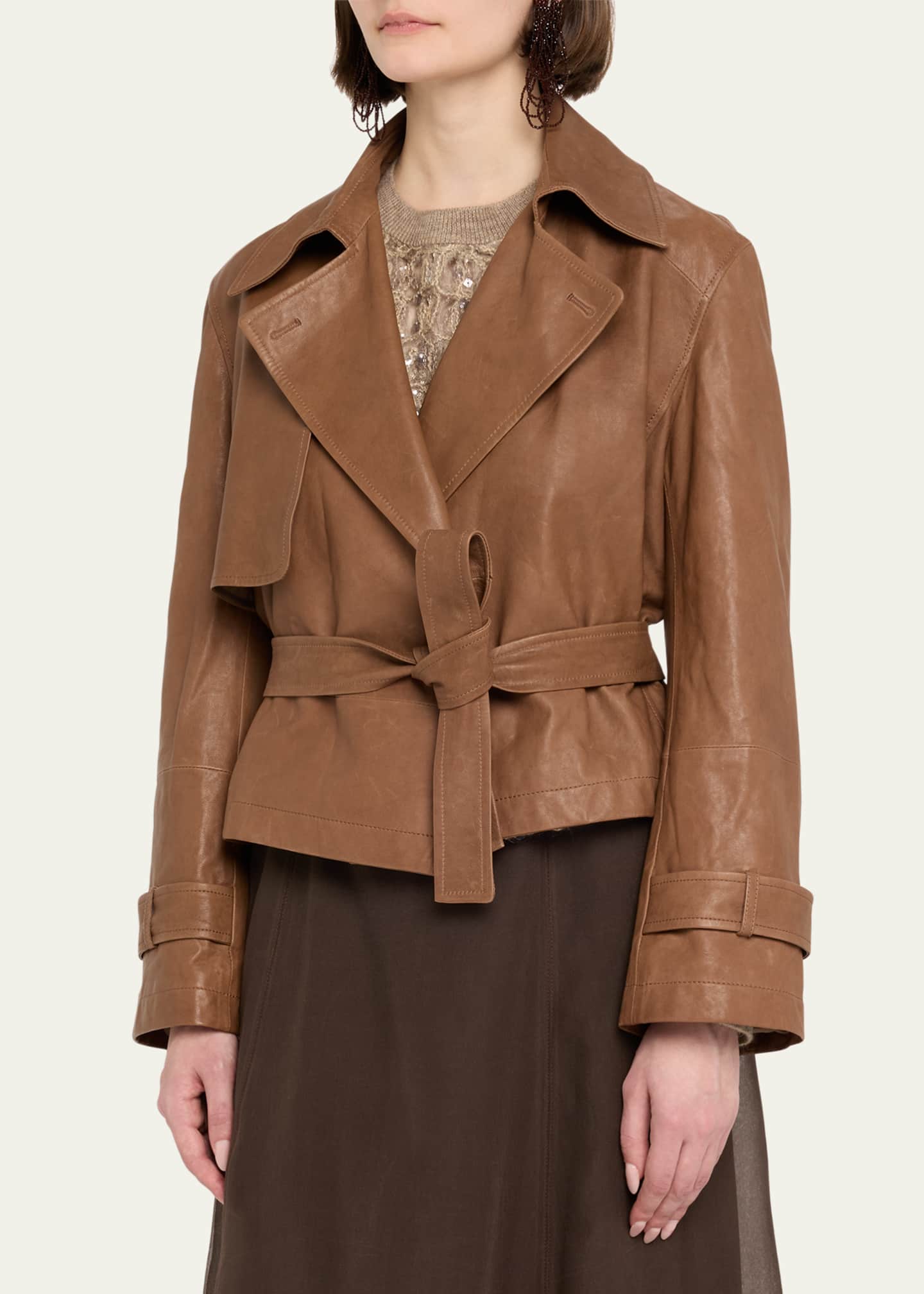 【関税&送料込】Brunello Cucinelli Brown Cropped Leather Jac Brunello Cucinelli Vintage Napa Leather Cropped Trench