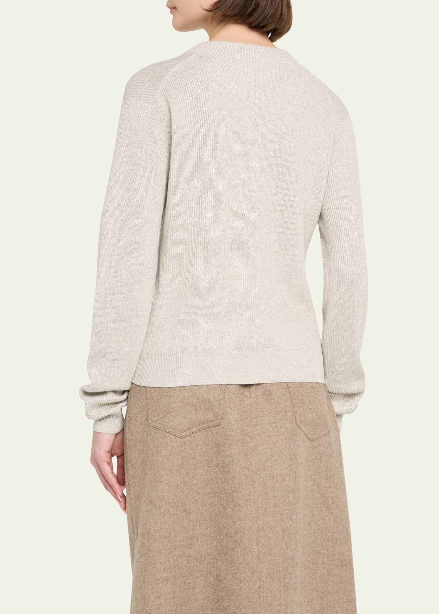Brunello Cucinelli Bright Vanise Sparkling Cotton V-Neck Long Sleeve Sweater Image 3 of 5