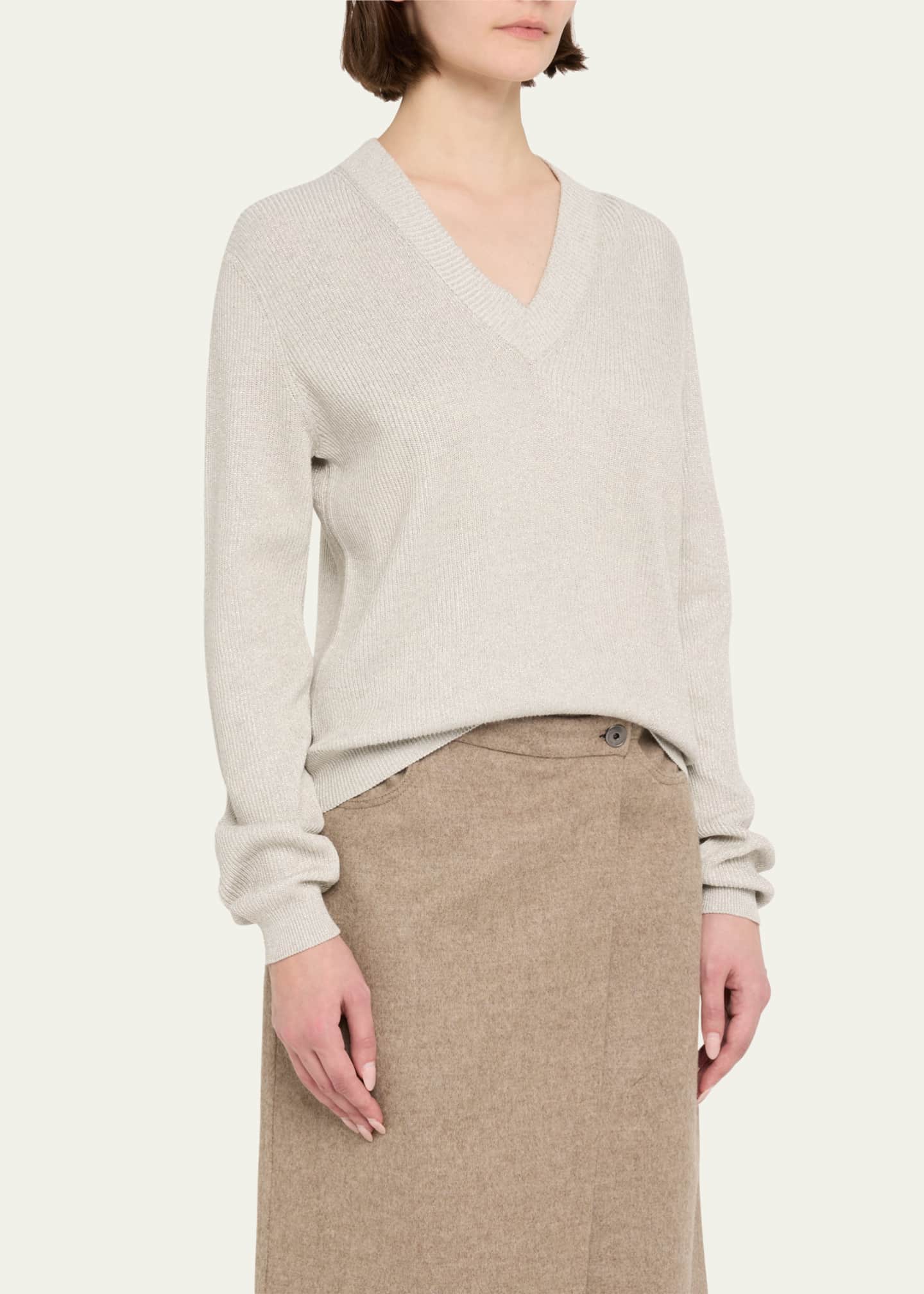 Brunello Cucinelli Bright Vanise Sparkling Cotton V-Neck Long Sleeve Sweater Image 4 of 5