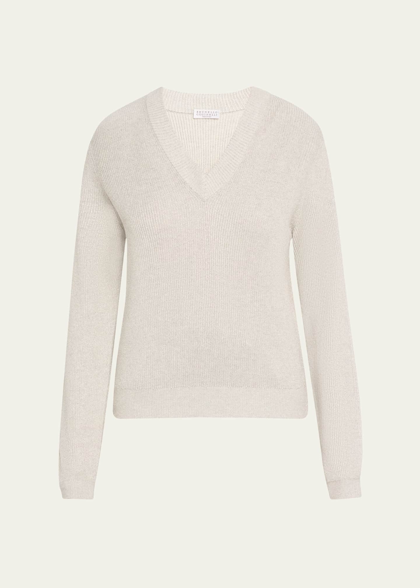 Brunello Cucinelli Bright Vanise Sparkling Cotton V-Neck Long Sleeve Sweater Image 1 of 5