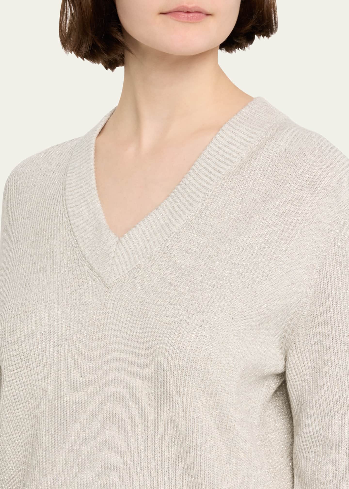 Brunello Cucinelli Bright Vanise Sparkling Cotton V-Neck Long Sleeve Sweater Image 5 of 5