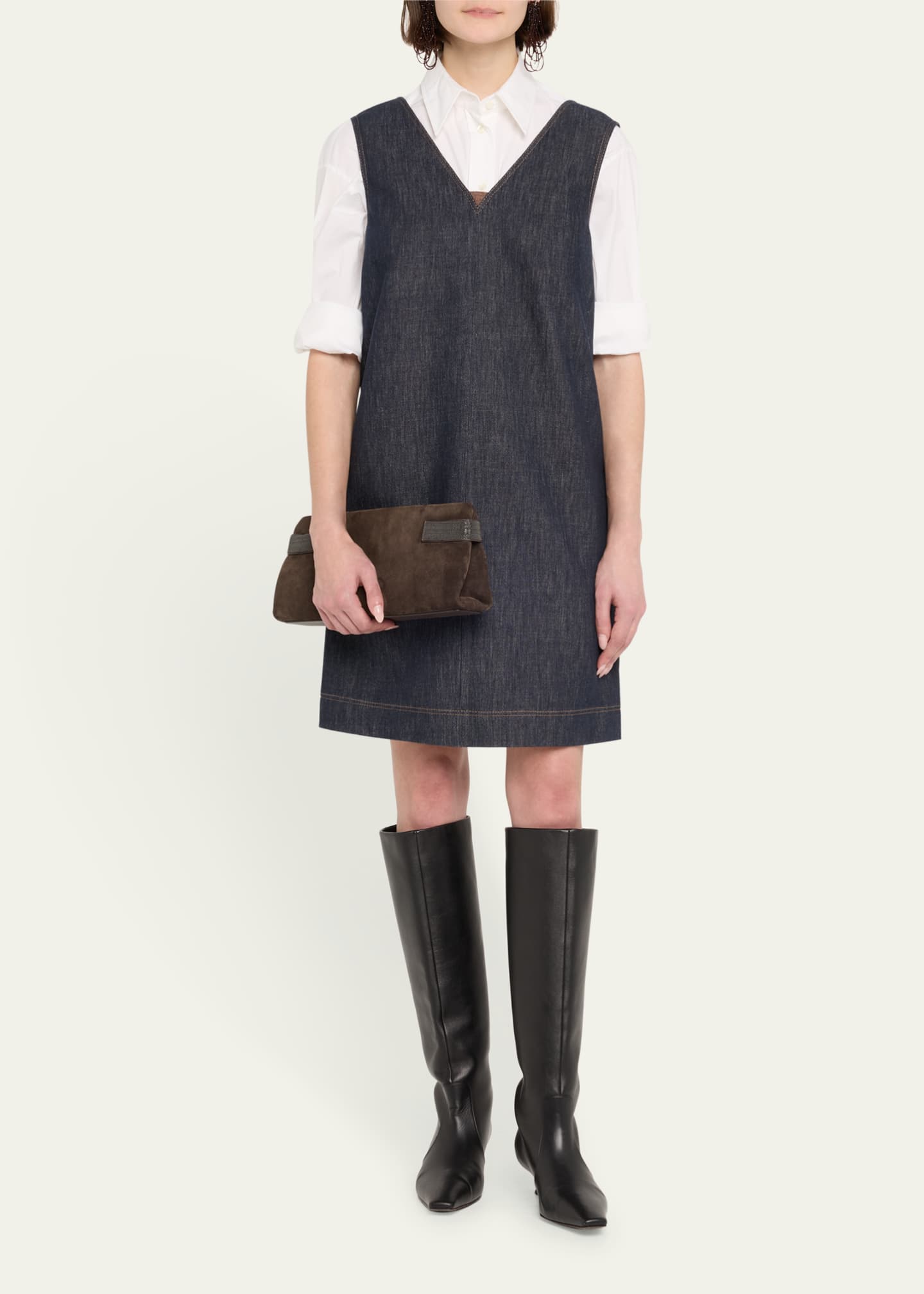 Brunello Cucinelli Short V-Neck Denim Tank Dress with Monili Insert Image 2 of 5
