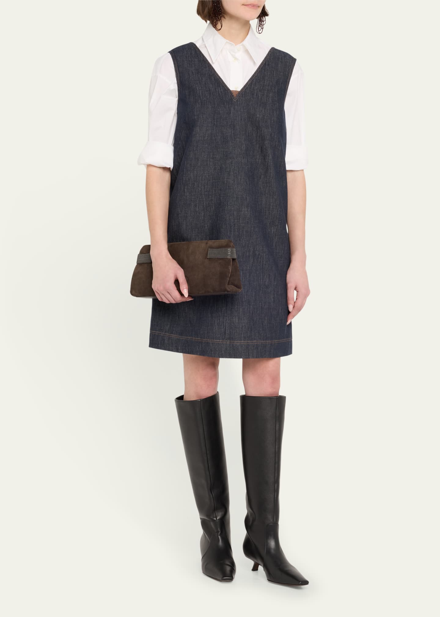 Brunello Cucinelli Short V-Neck Denim Tank Dress with Monili Insert Image 4 of 5