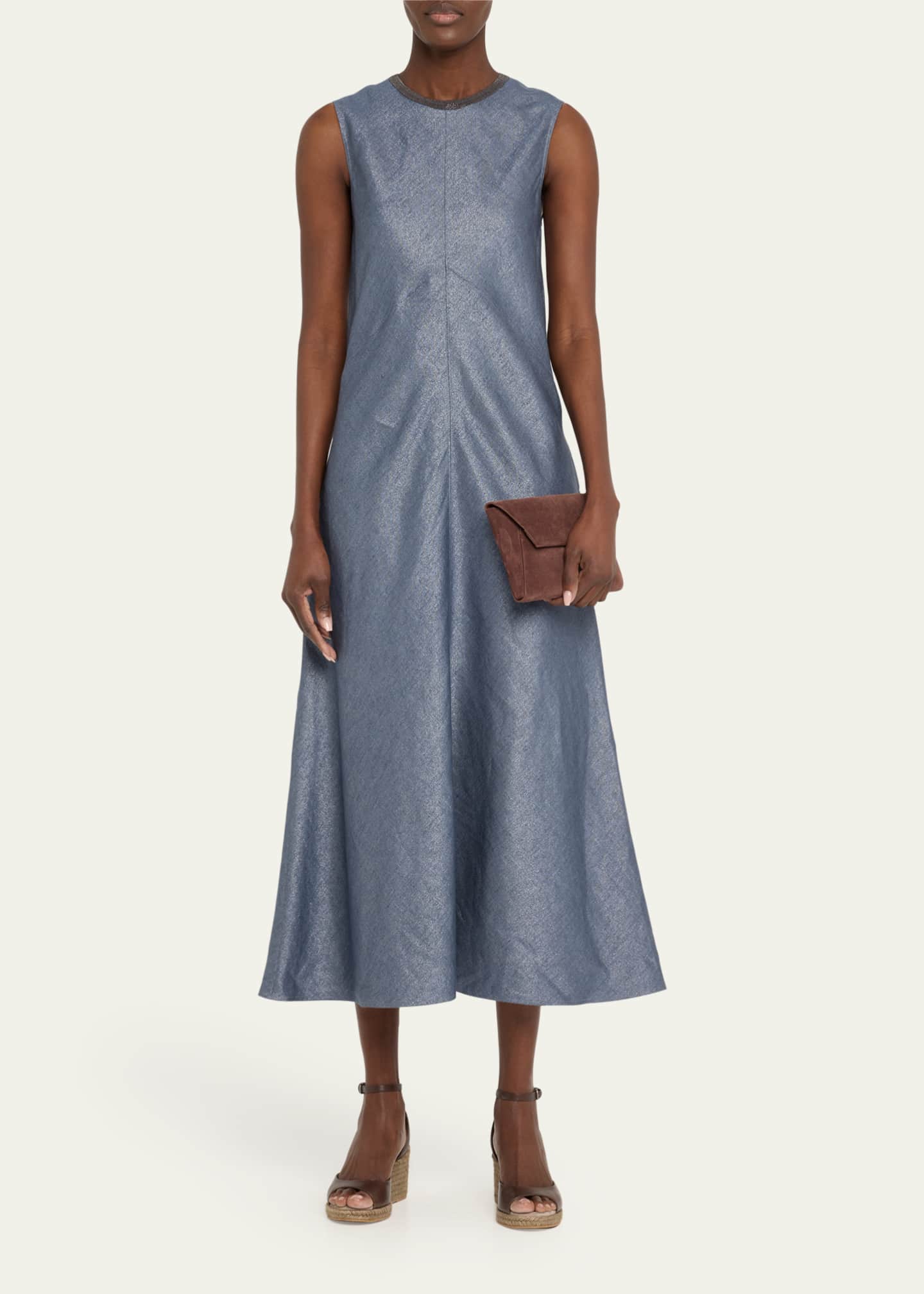 Brunello Cucinelli Shiny Long Linen Wool Twill A-Line Dress with Monili Neckline Image 2 of 5
