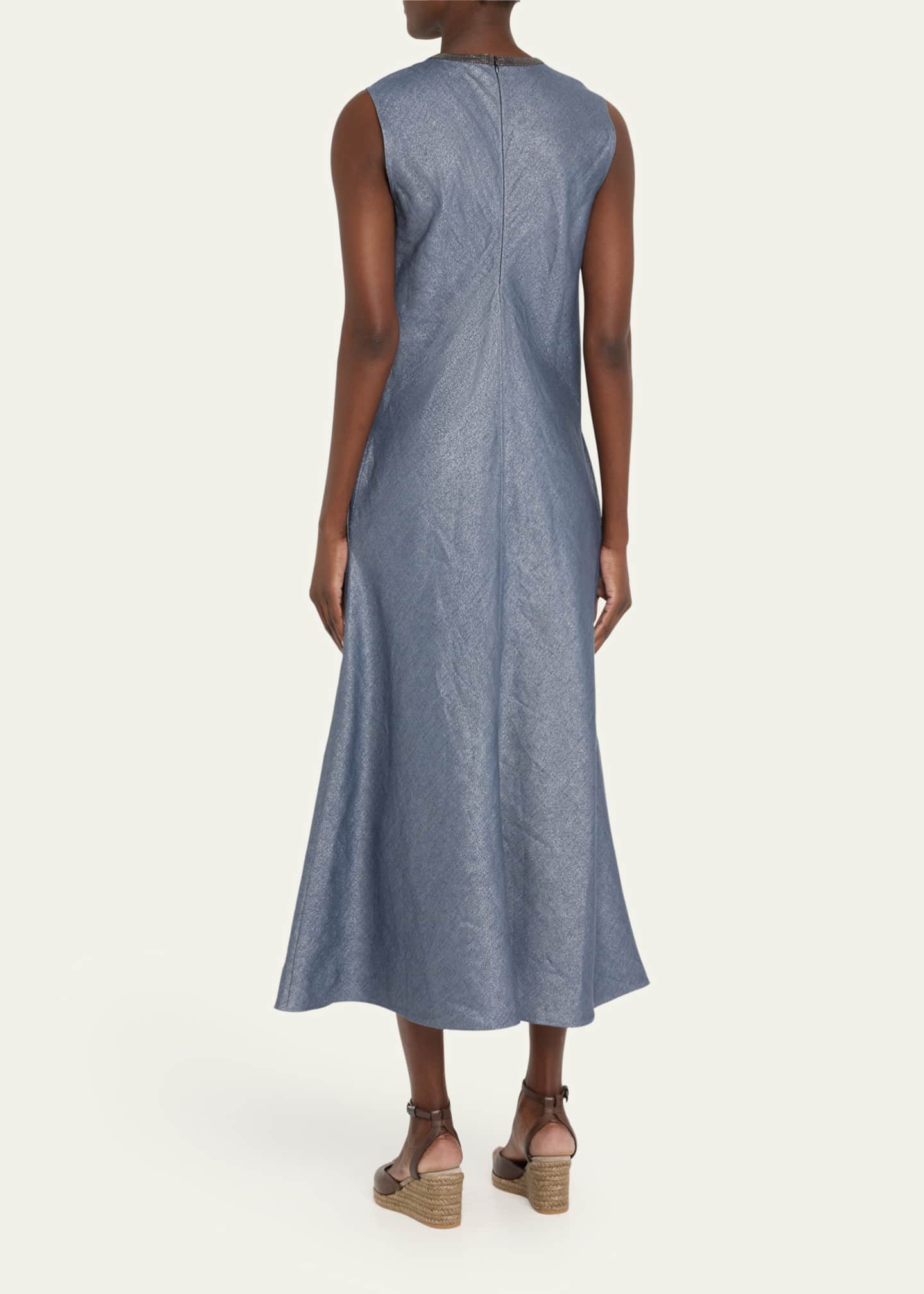 Brunello Cucinelli Shiny Long Linen Wool Twill A-Line Dress with Monili Neckline Image 3 of 5