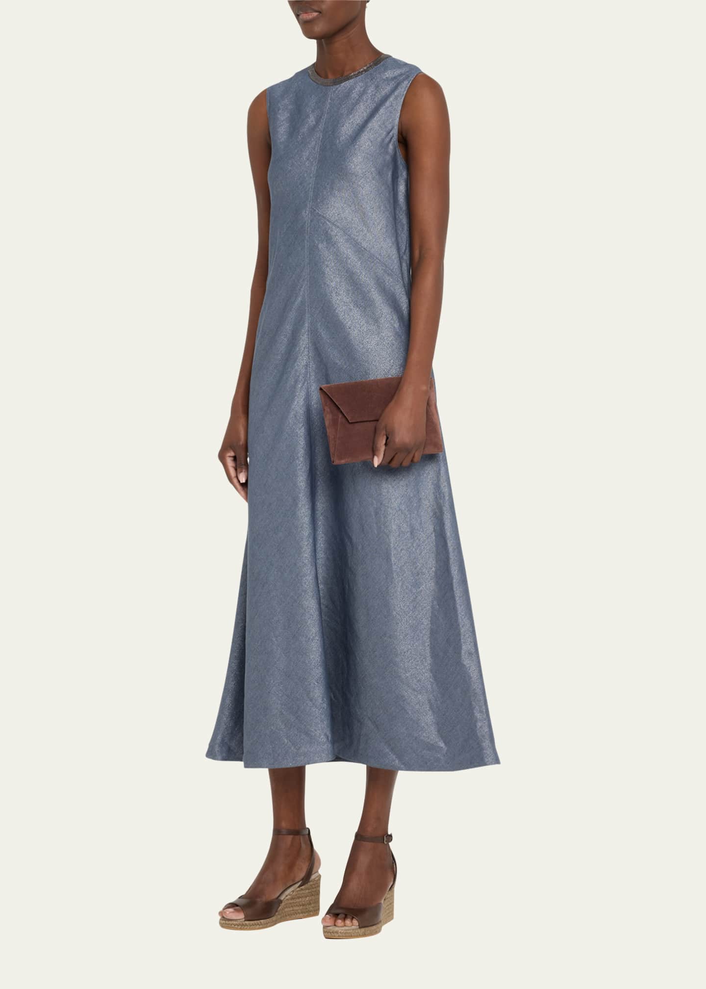 Brunello Cucinelli Shiny Long Linen Wool Twill A-Line Dress with Monili Neckline Image 4 of 5
