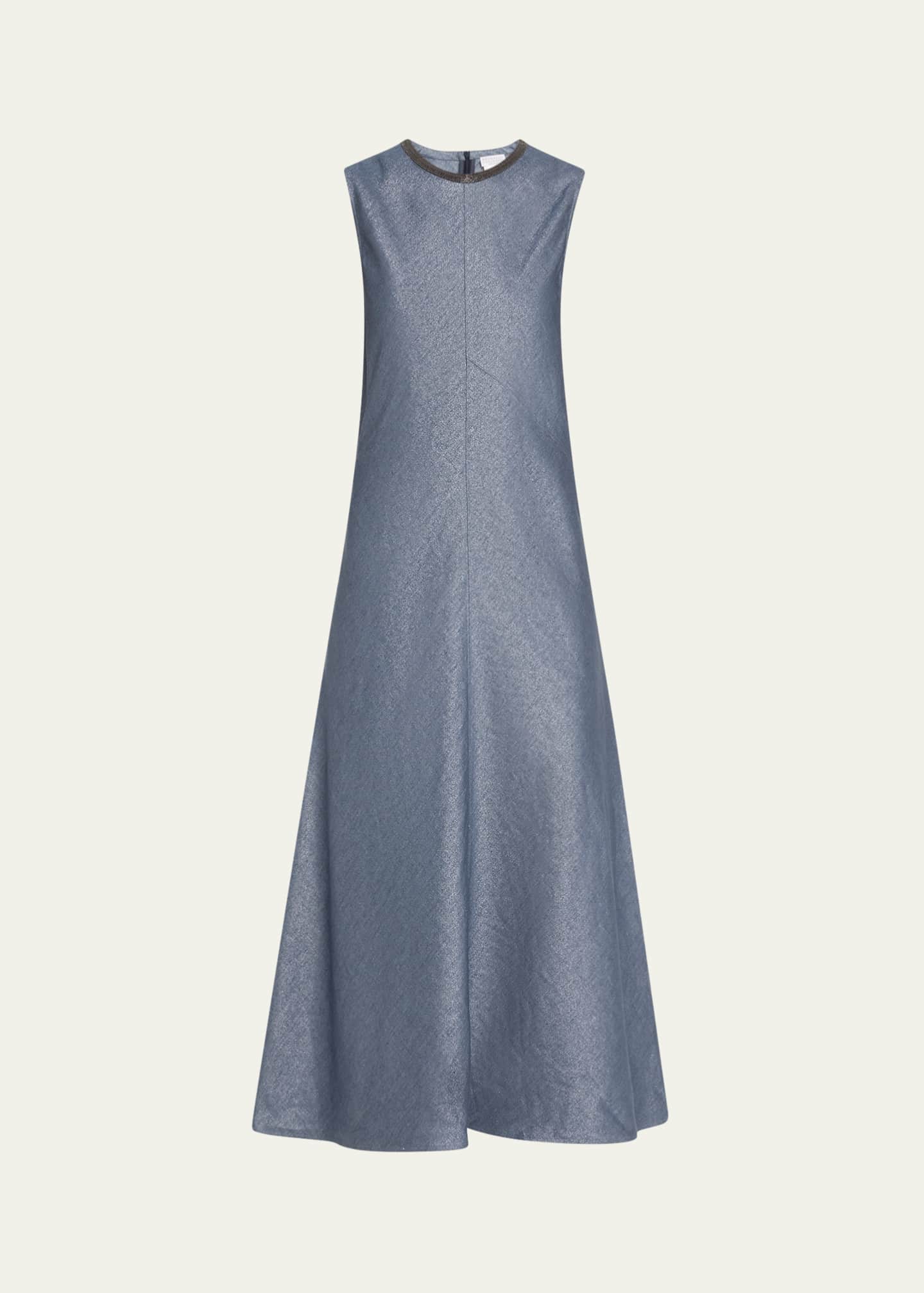Brunello Cucinelli Shiny Long Linen Wool Twill A-Line Dress with Monili Neckline Image 1 of 5