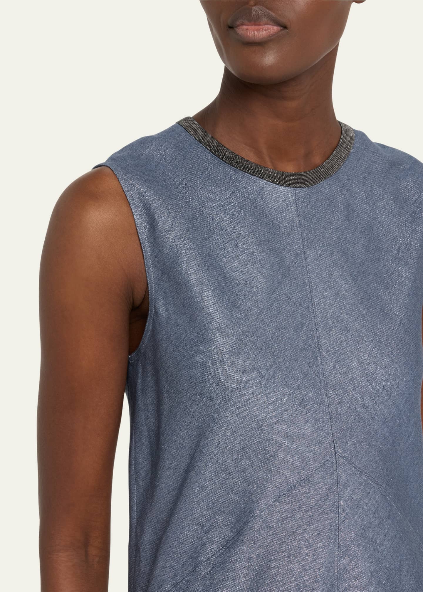 Brunello Cucinelli Shiny Long Linen Wool Twill A-Line Dress with Monili Neckline Image 5 of 5