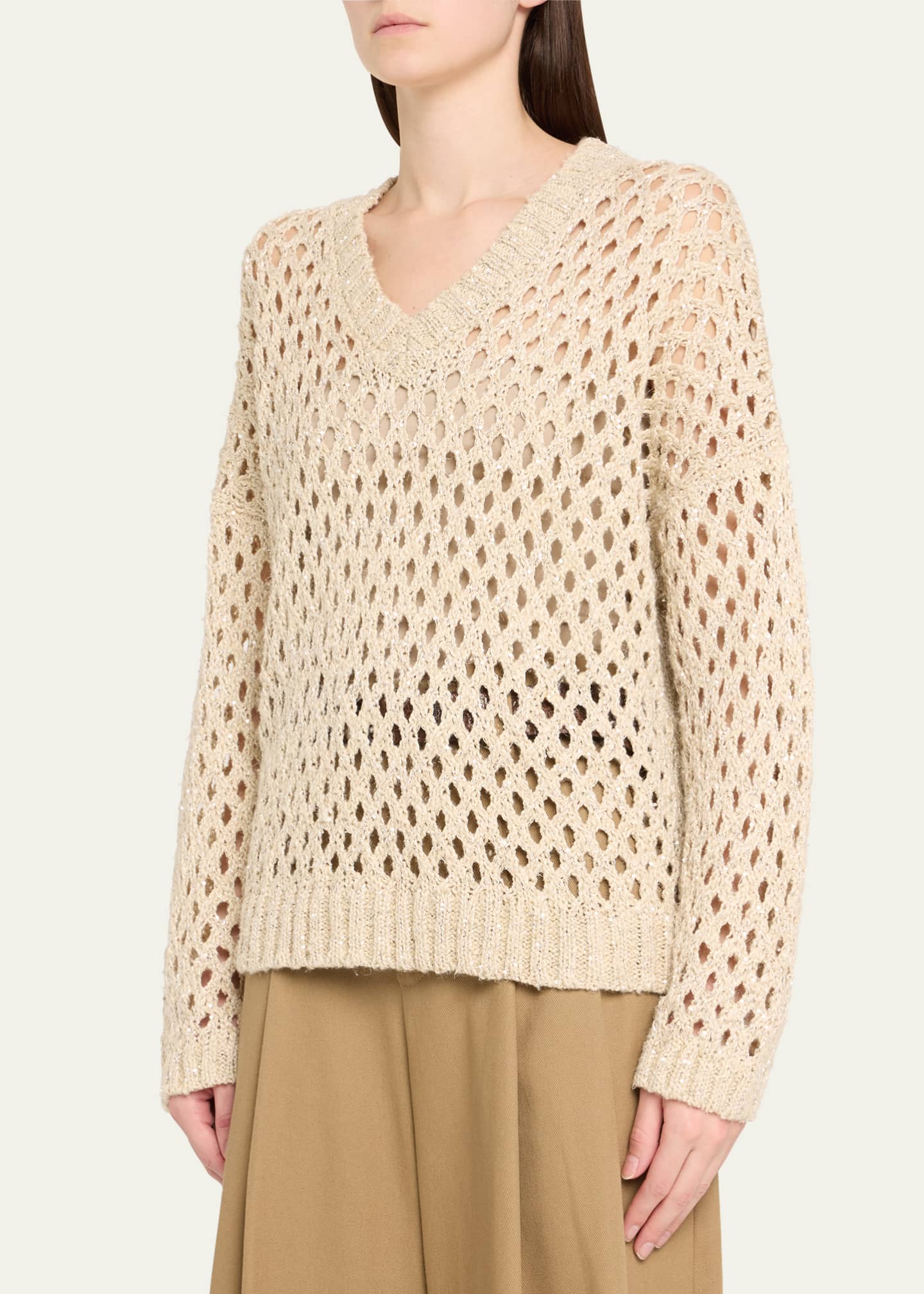 Brunello Cucinelli Sequined Open-Knit Silk Sweater Image 4 of 5