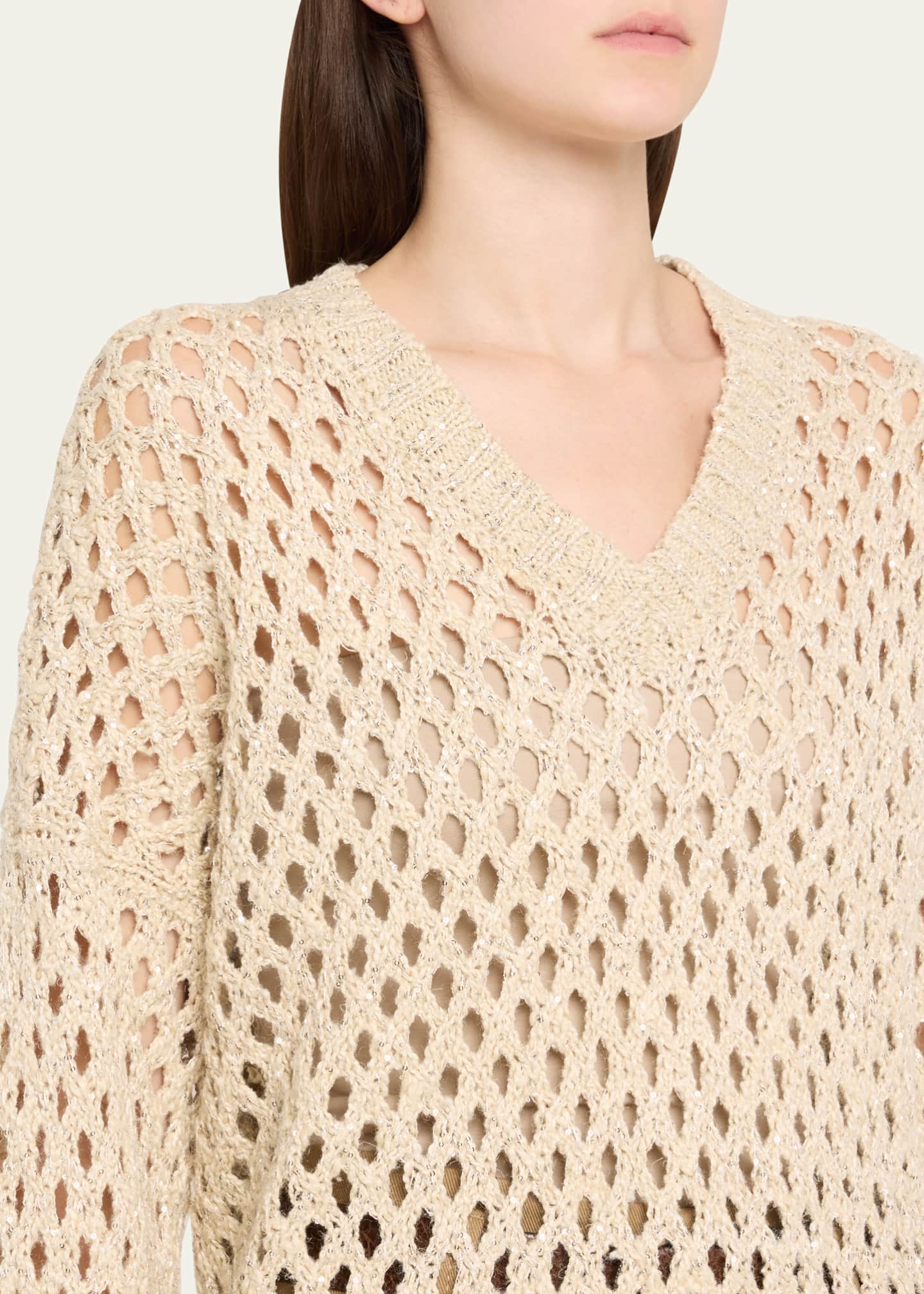 Brunello Cucinelli Sequined Open-Knit Silk Sweater Image 5 of 5