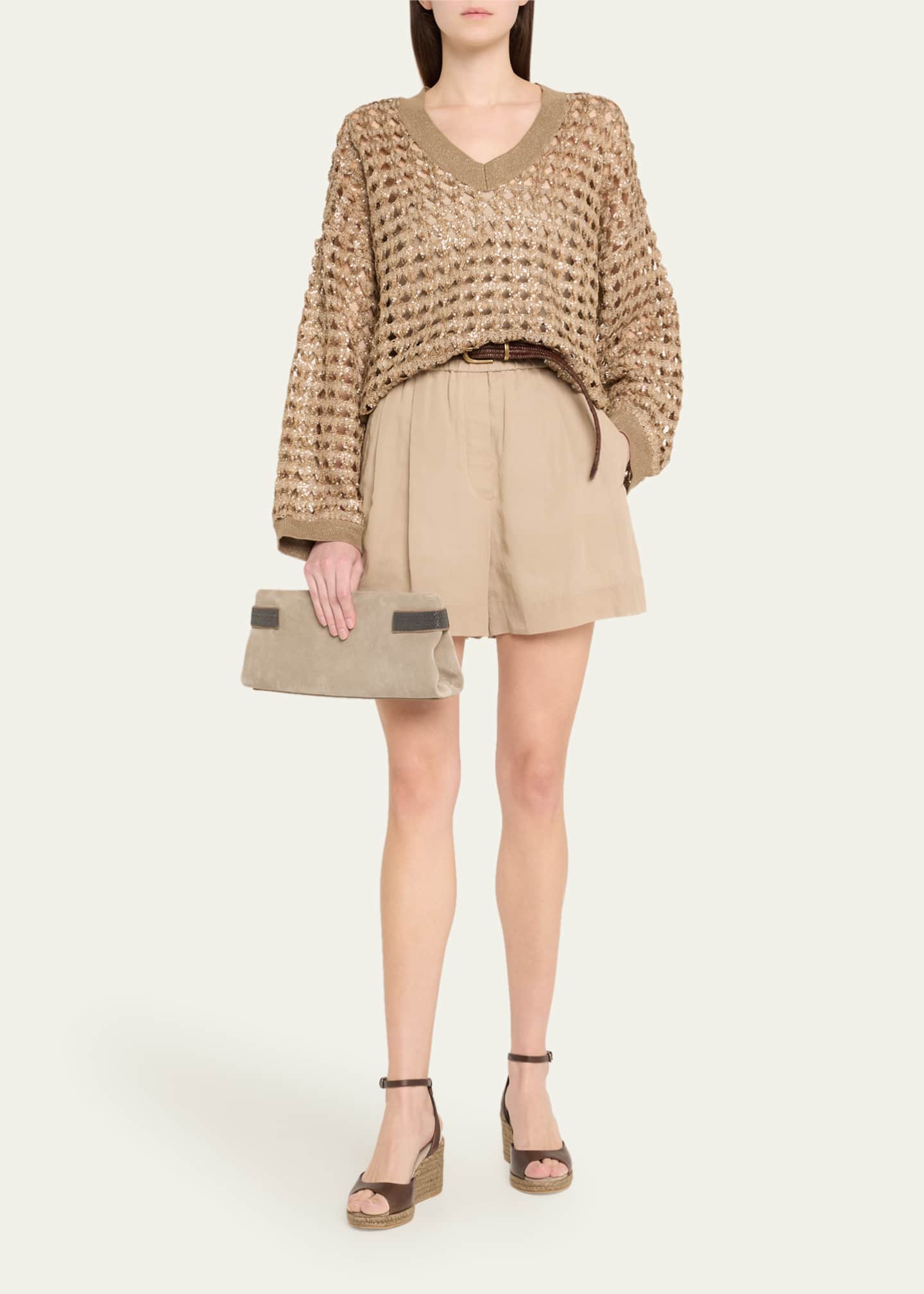 Brunello Cucinelli Sequined Cotton Jute Sweater with Bandeau Image 2 of 5
