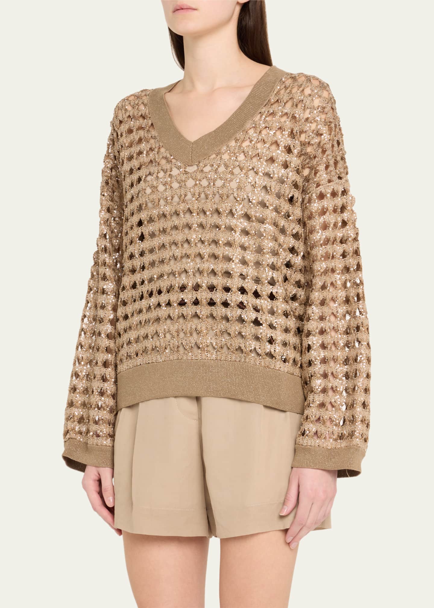 Brunello Cucinelli Sequined Cotton Jute Sweater with Bandeau Image 4 of 5