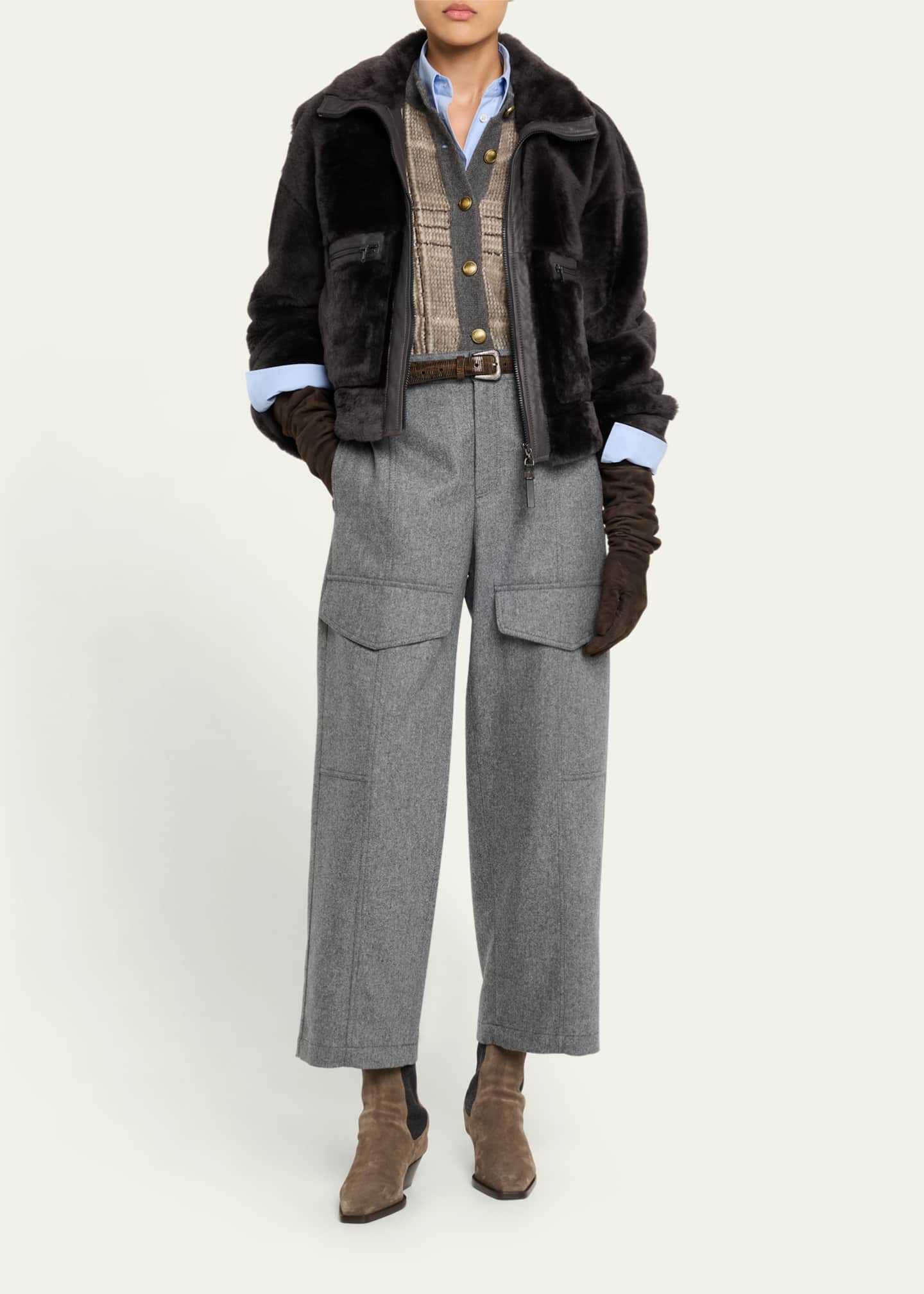 Brunello Cucinelli Shearling Velour Leather Zip Pocket Jacket Image 2 of 5