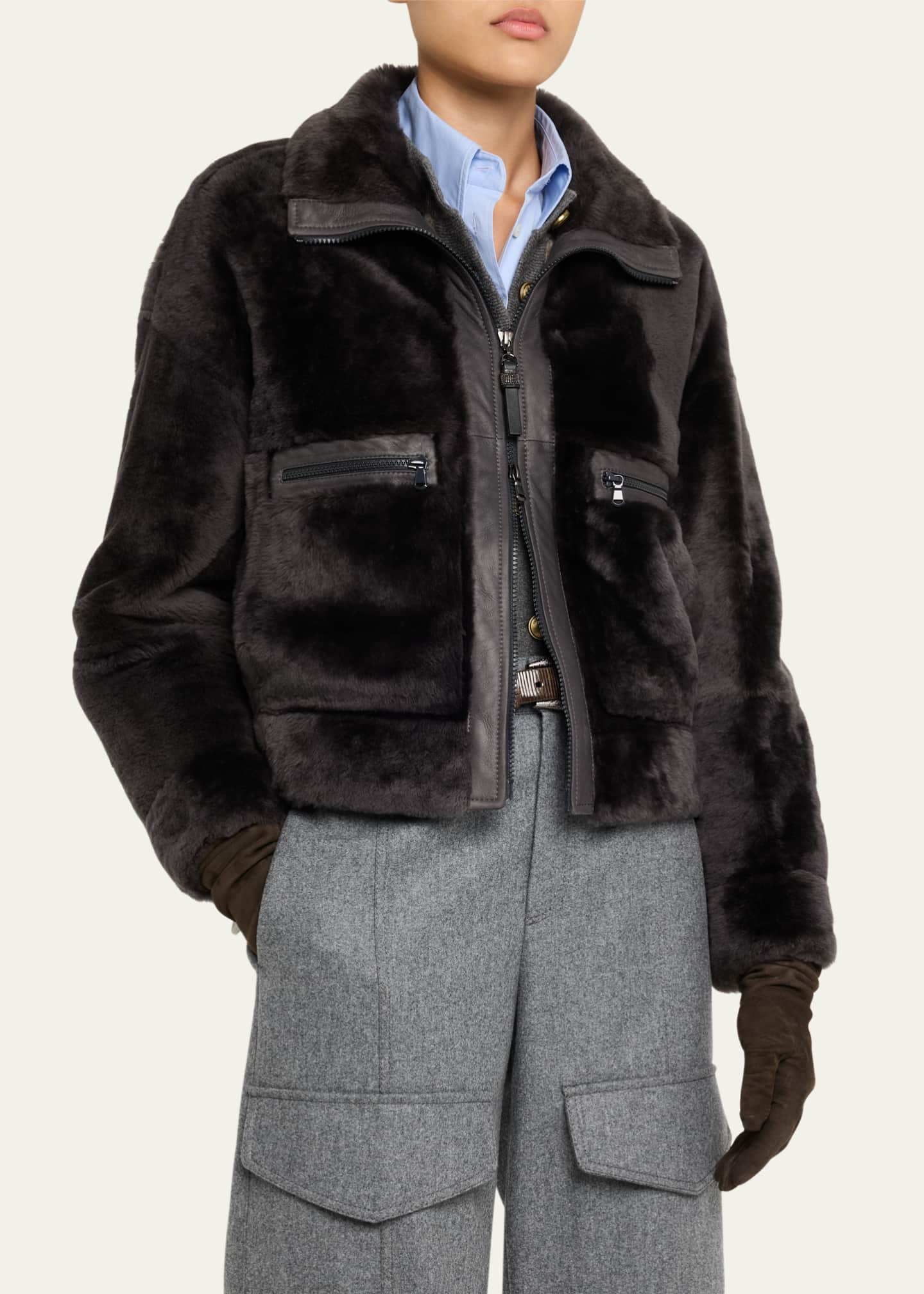 Brunello Cucinelli Shearling Velour Leather Zip Pocket Jacket Image 4 of 5