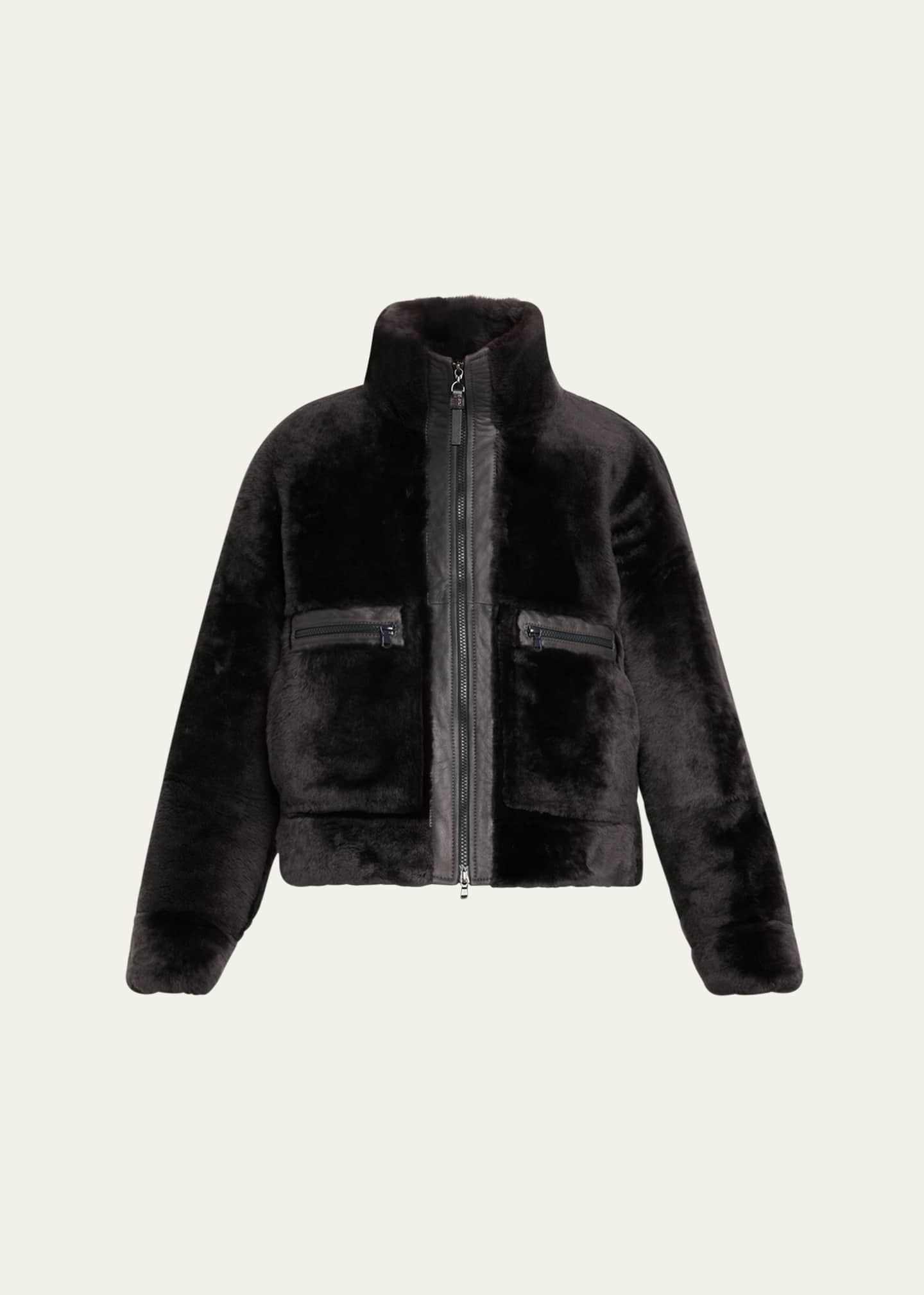 Brunello Cucinelli Shearling Velour Leather Zip Pocket Jacket Image 1 of 5