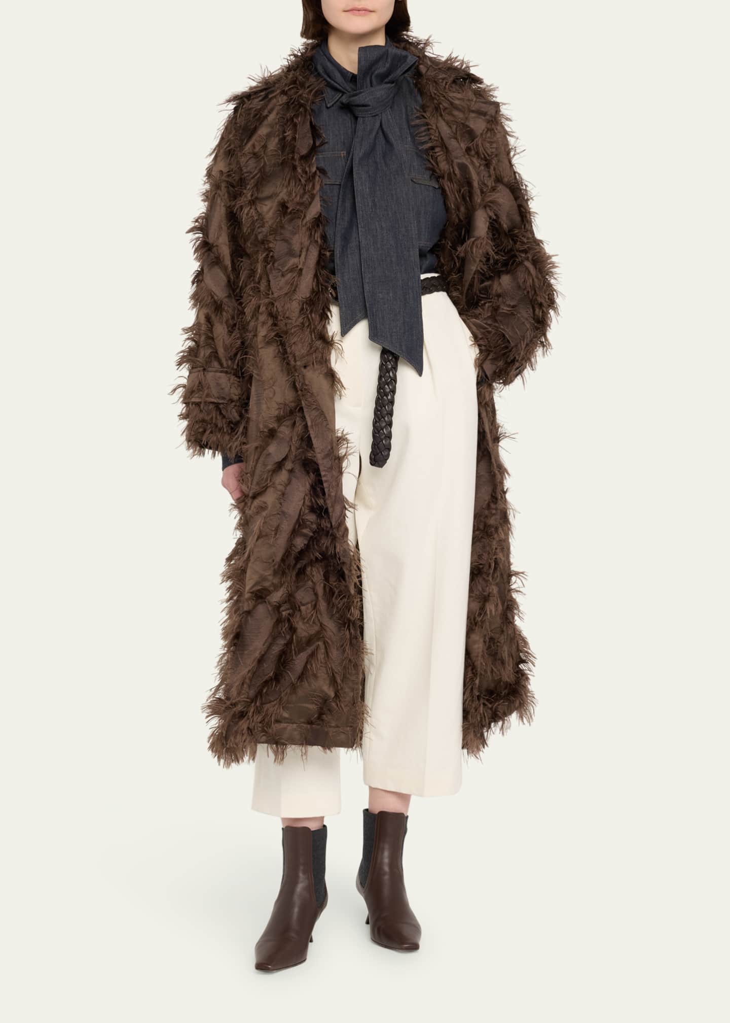 Brunello Cucinelli Fil Coupe Jacquard Fringe Belted Trench Coat Image 2 of 4