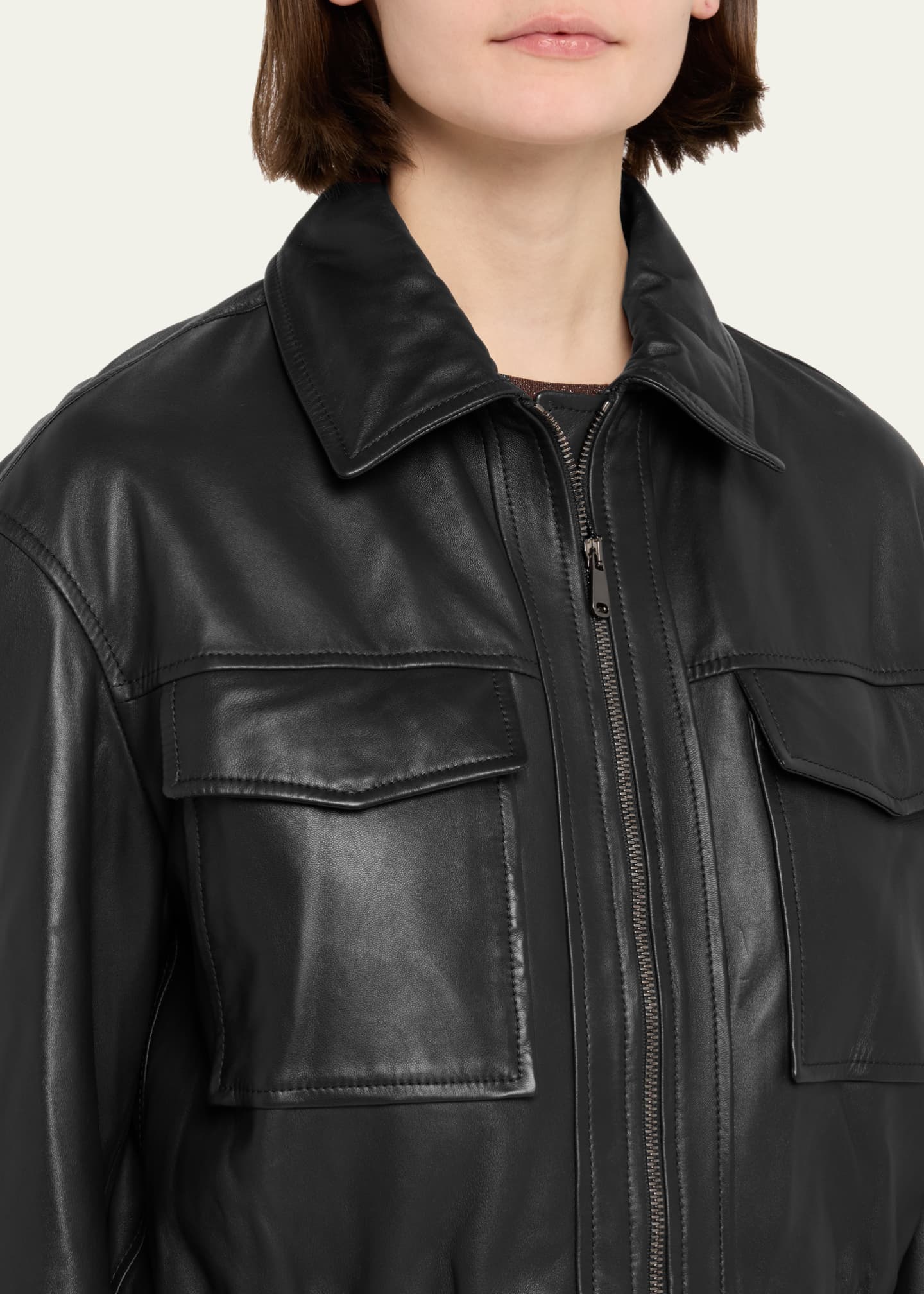 Brunello Cucinelli Monili-Neck Smooth Glove Leather Bomber