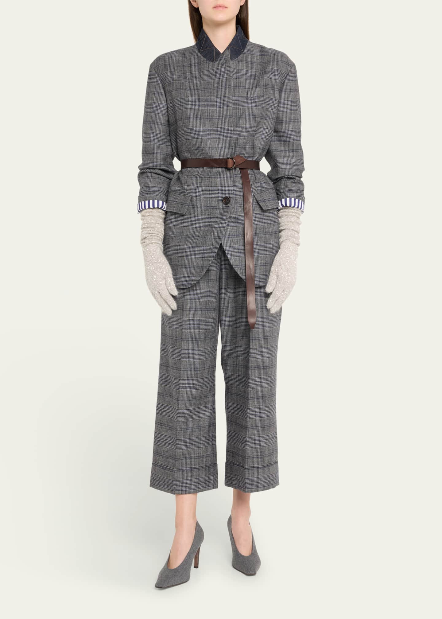 Brunello Cucinelli Belted Wool Prince Of Wales Single-Breasted Blazer Jacket Image 2 of 5