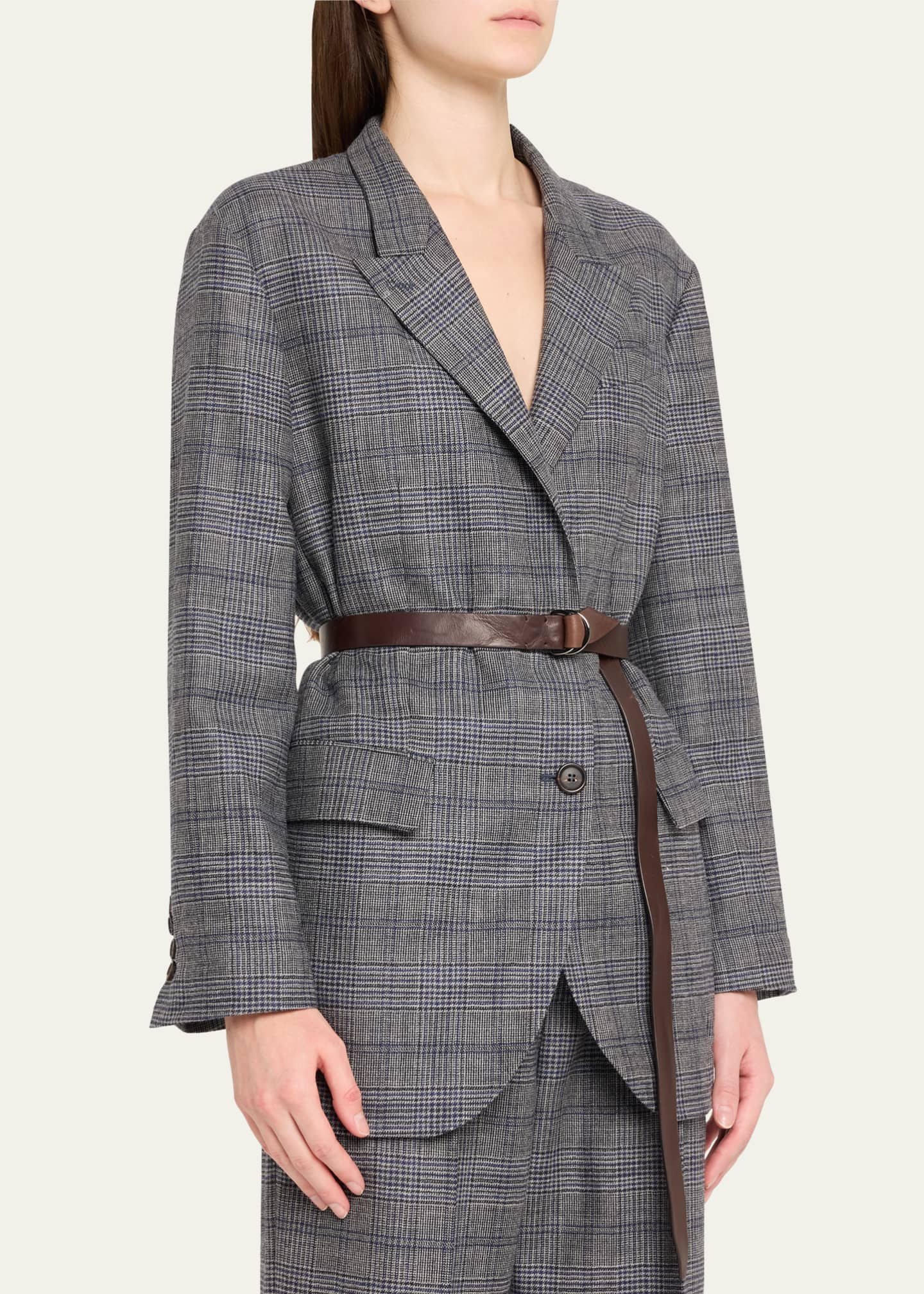 Brunello Cucinelli Belted Wool Prince Of Wales Single-Breasted Blazer Jacket Image 4 of 5