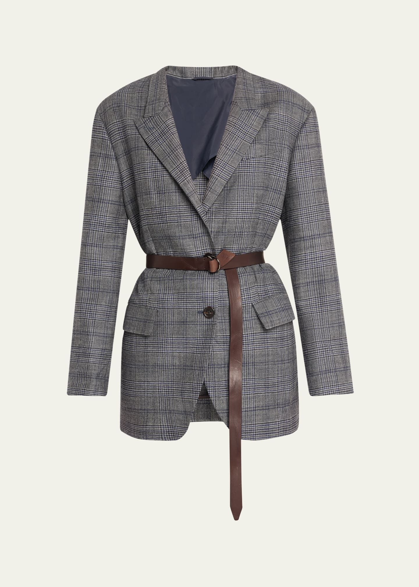 Brunello Cucinelli Belted Wool Prince Of Wales Single-Breasted Blazer Jacket Image 1 of 5