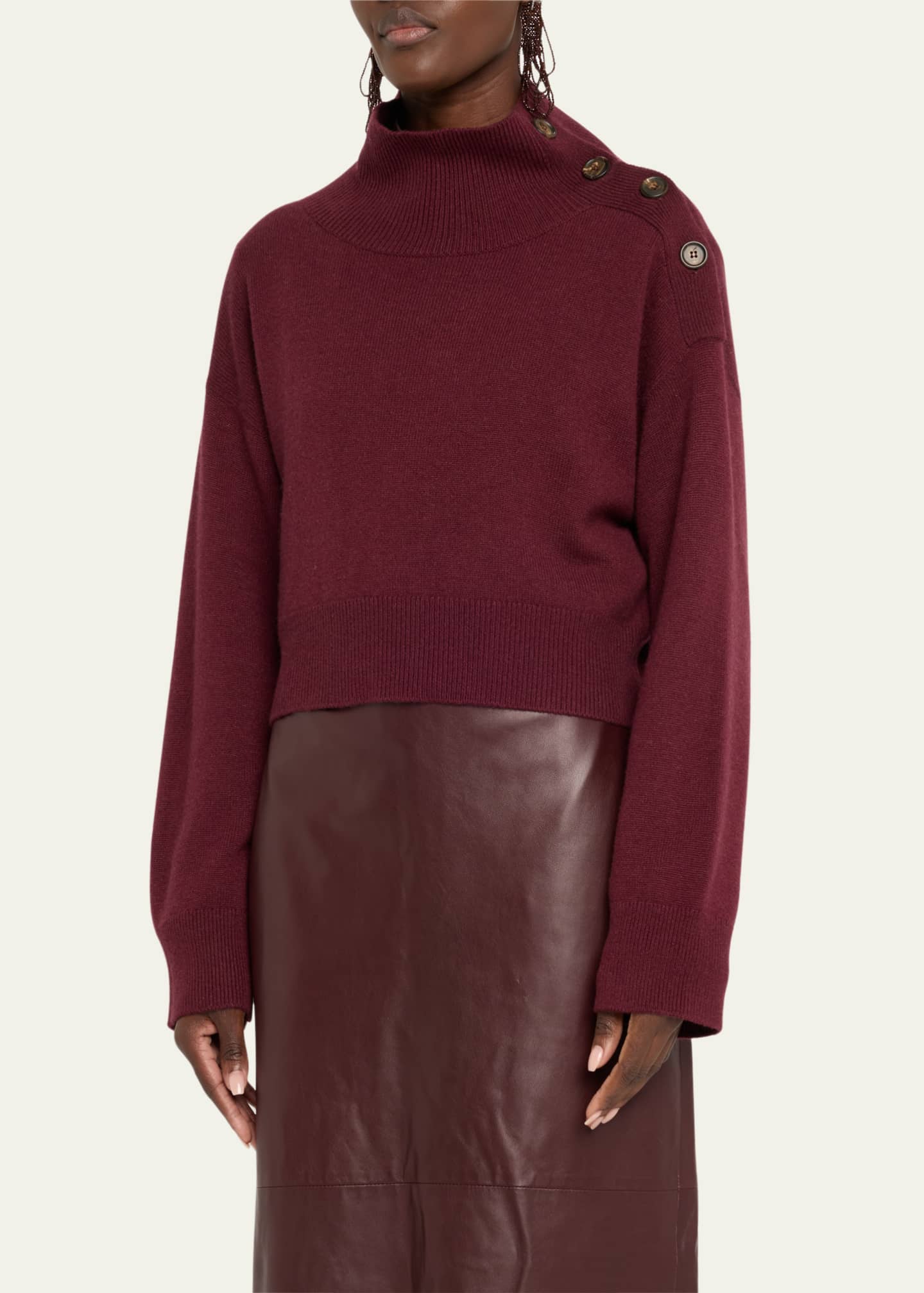 Brunello Cucinelli Turtleneck Button-Shoulder Cashmere Crop Sweater Image 4 of 5