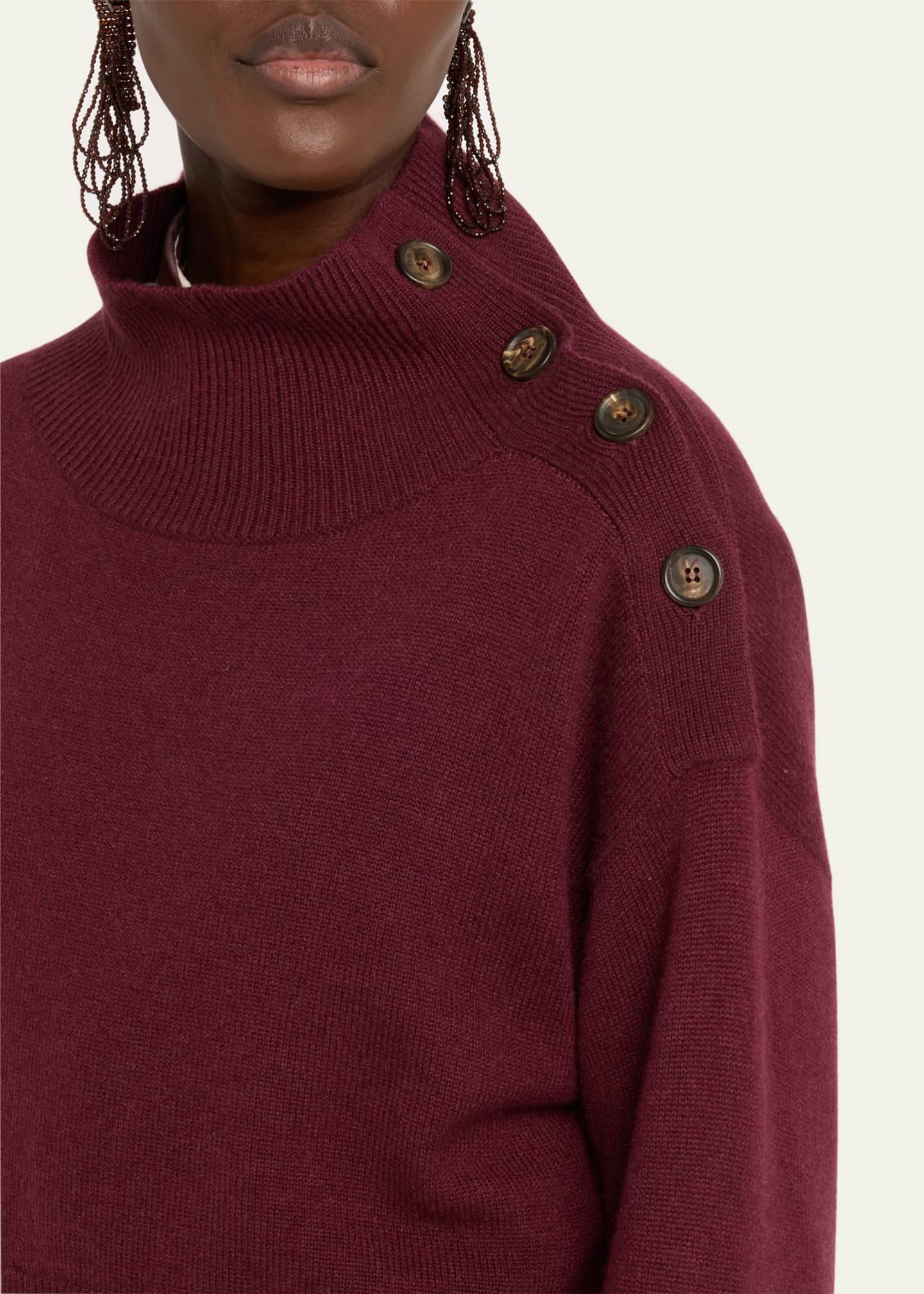 Brunello Cucinelli Turtleneck Button-Shoulder Cashmere Crop Sweater Image 5 of 5