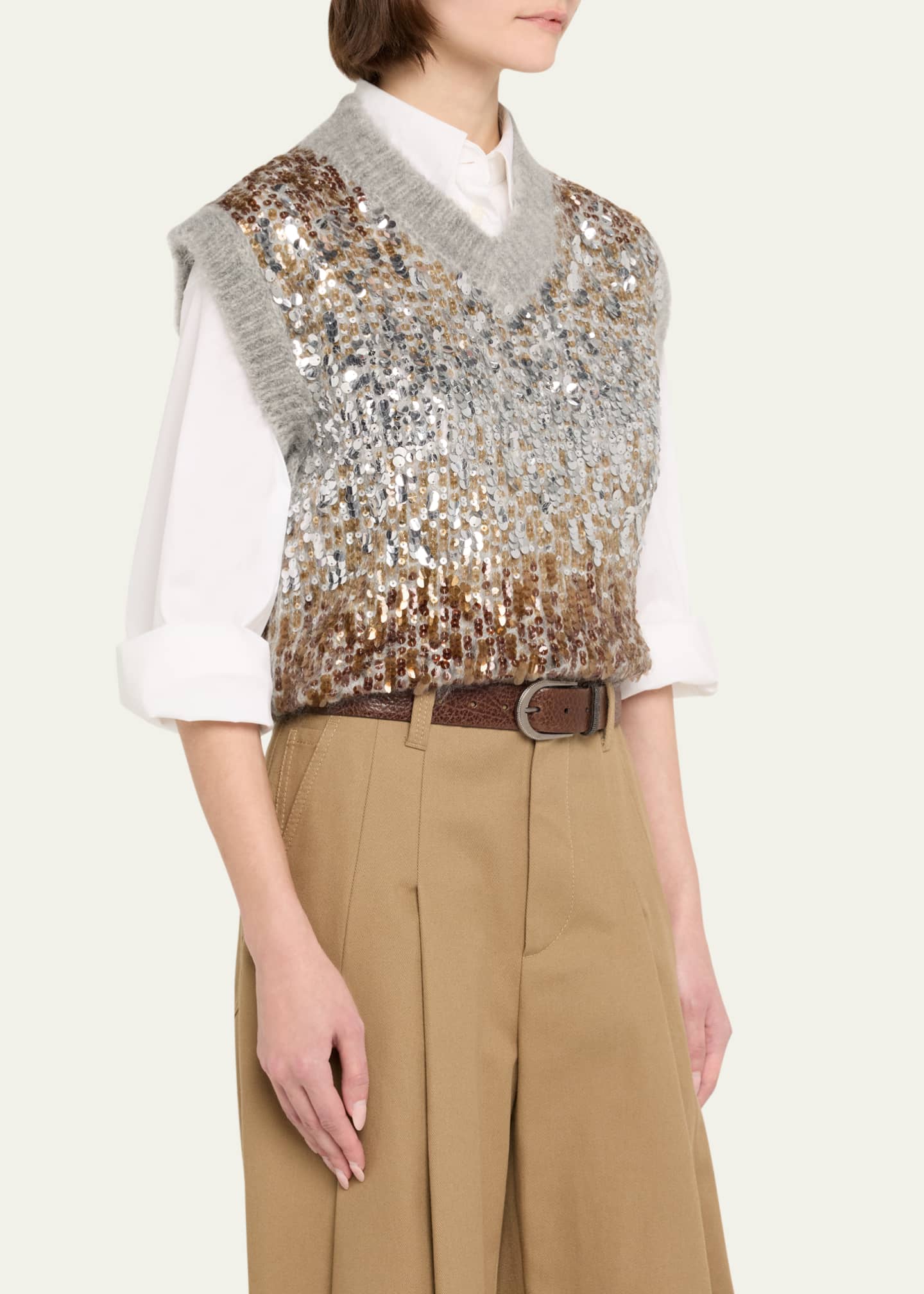 Brunello Cucinelli Multi-Size Degrade Pailette Mohair V-Neck Sweater Image 4 of 5