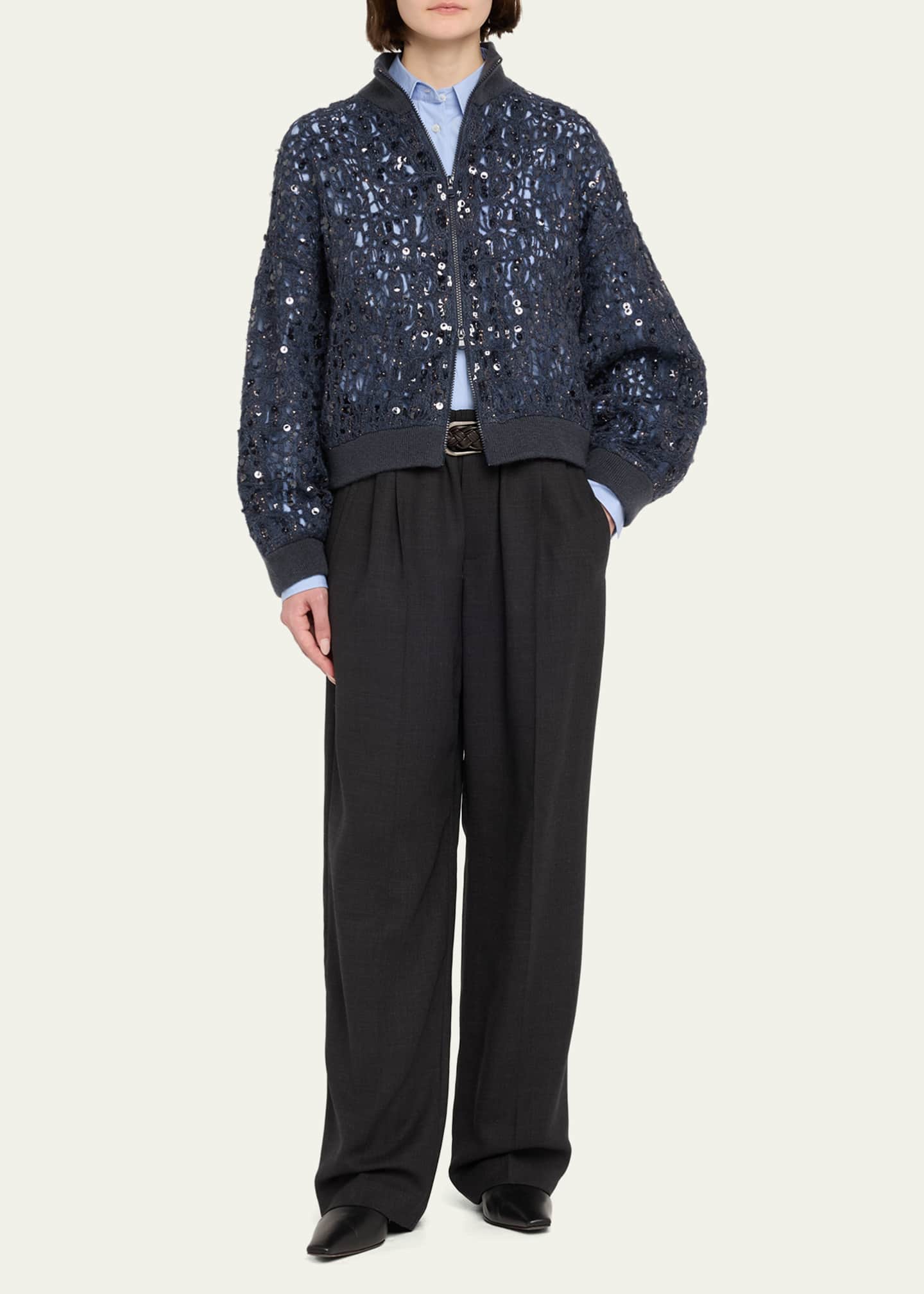 Brunello Cucinelli Wool-Cashmere Paillette Open-Knit Zip Cardigan Image 2 of 5