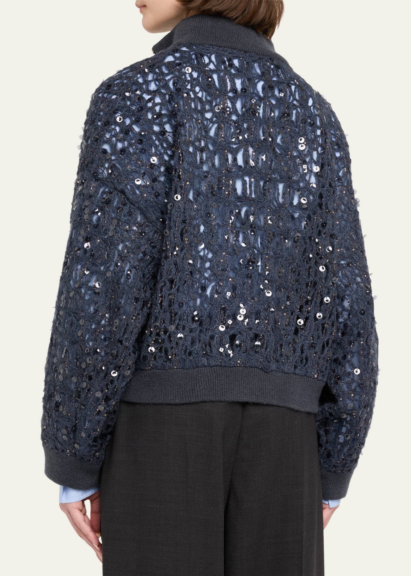Brunello Cucinelli Wool-Cashmere Paillette Open-Knit Zip Cardigan Image 3 of 5
