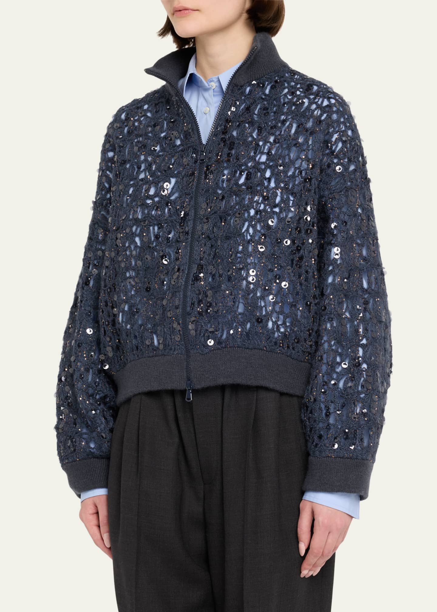 Brunello Cucinelli Wool-Cashmere Paillette Open-Knit Zip Cardigan Image 4 of 5