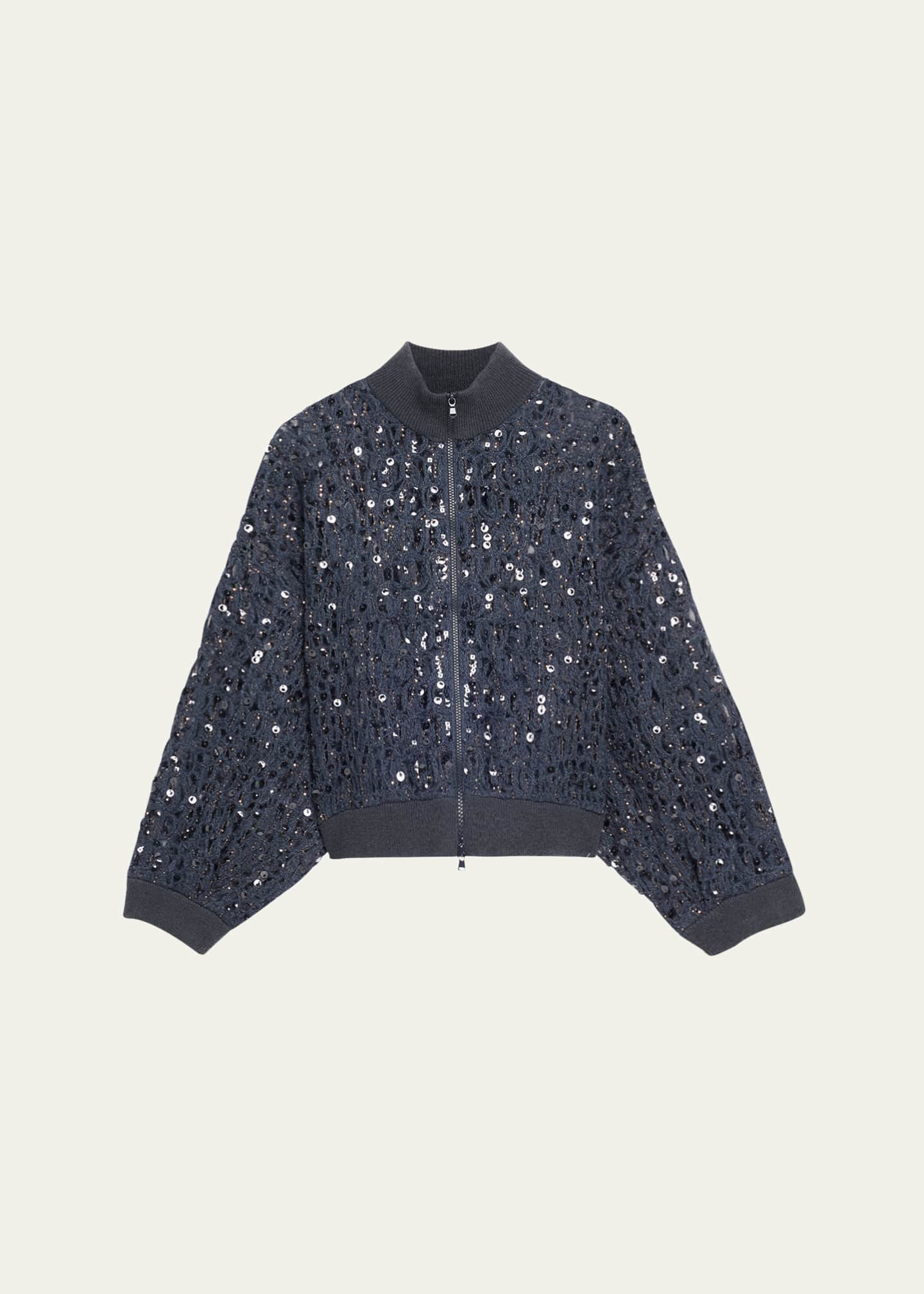 Brunello Cucinelli Wool-Cashmere Paillette Open-Knit Zip Cardigan Image 1 of 5