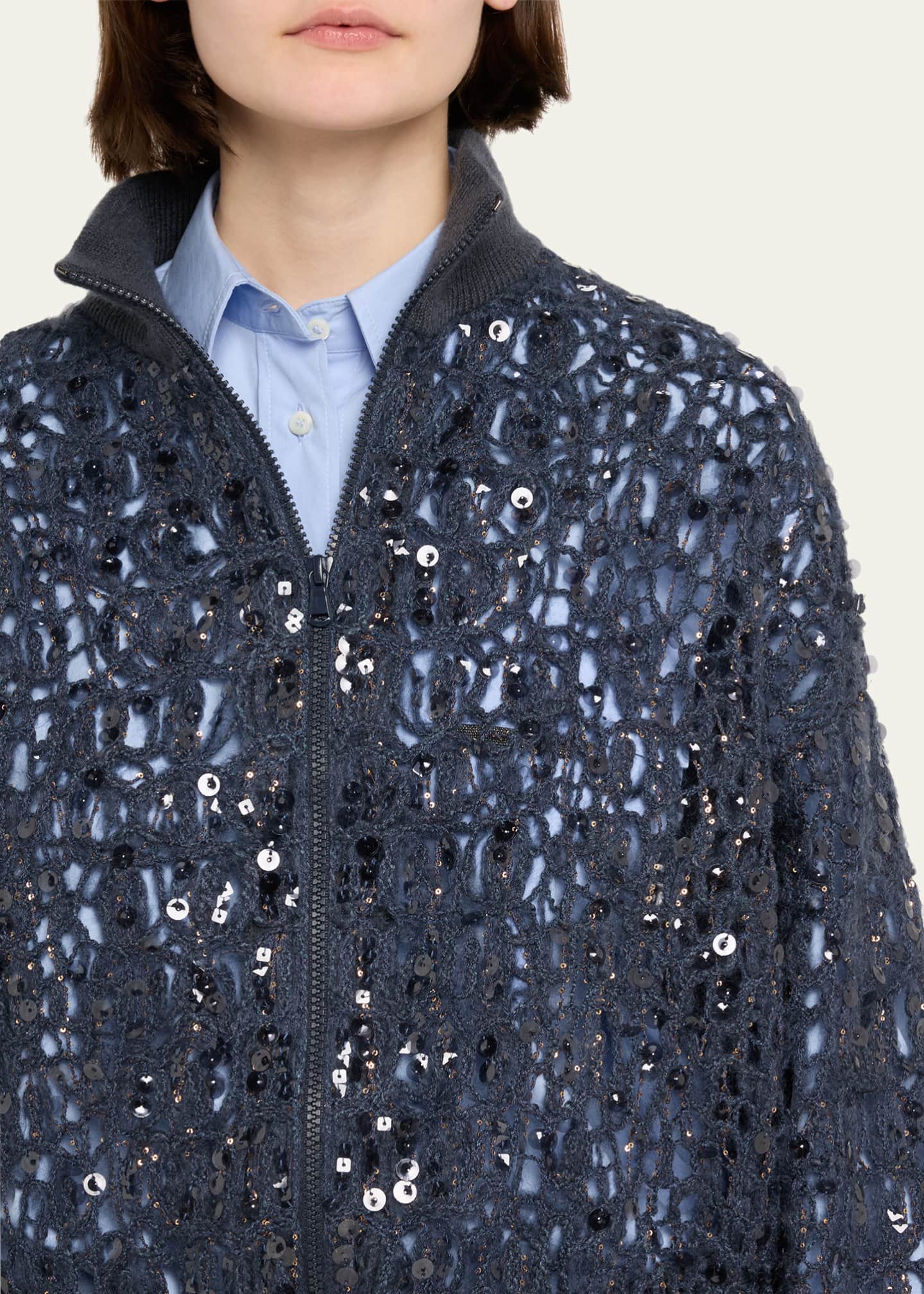 Brunello Cucinelli Wool-Cashmere Paillette Open-Knit Zip Cardigan Image 5 of 5