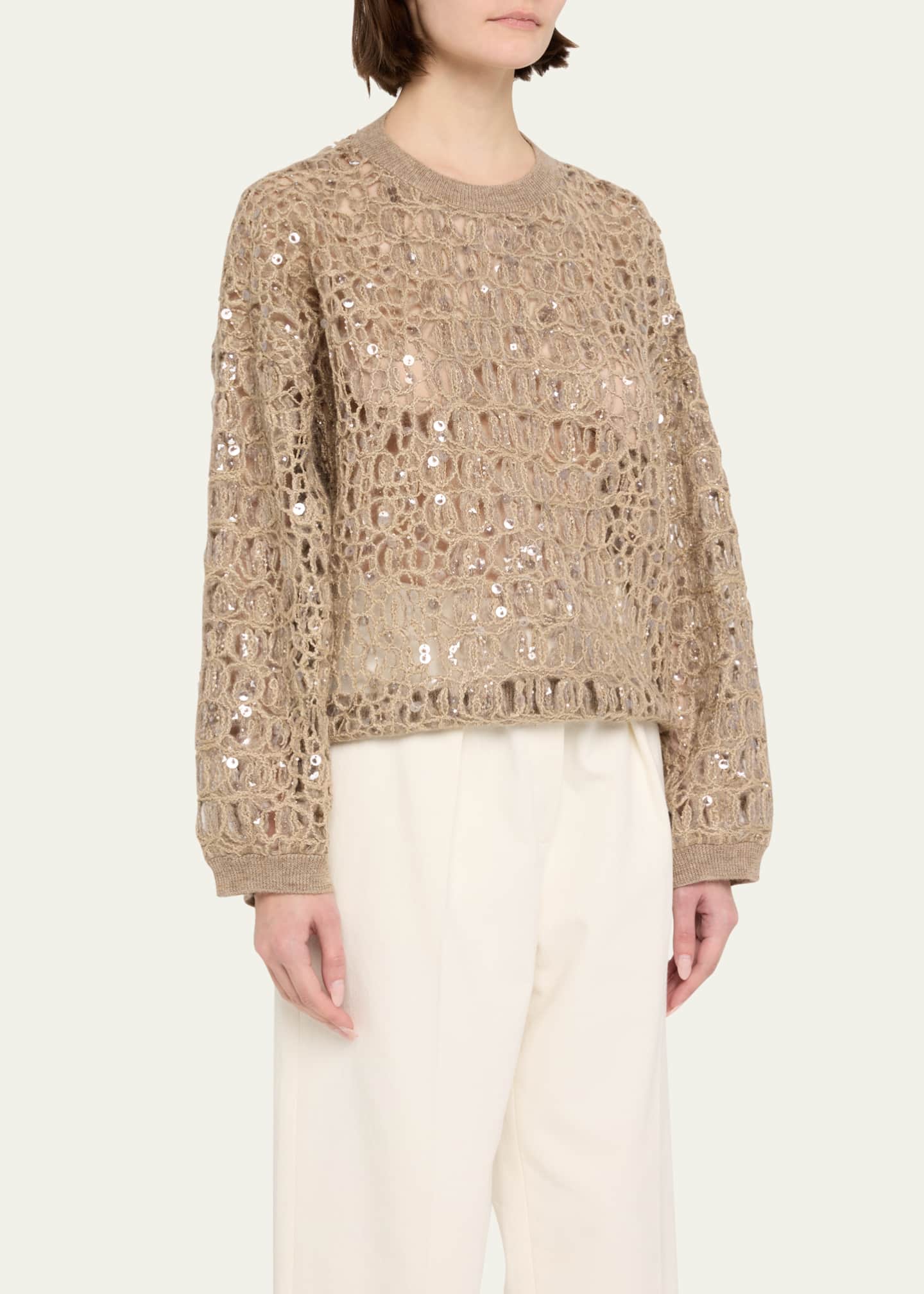 Brunello Cucinelli Sequined Crocco-Effect Embroidered Mohair Wool Sweater Image 4 of 5