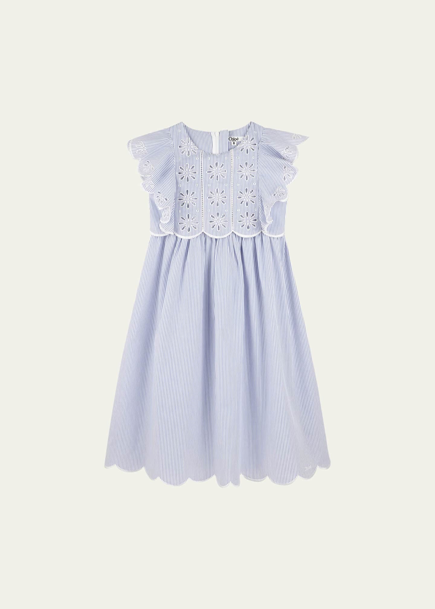 Chloe Girl's Pin-Striped Floral Embroidered Dress, Size 8-12 Image 1 of 3
