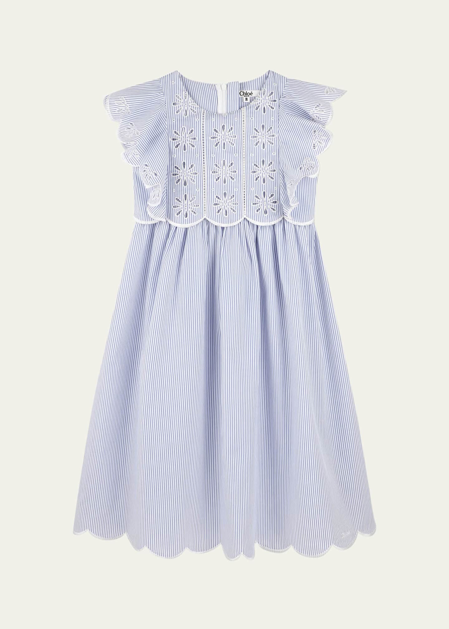 Chloe Girl's Pin-Striped Floral Embroidered Dress, Size 4-6 Image 1 of 3