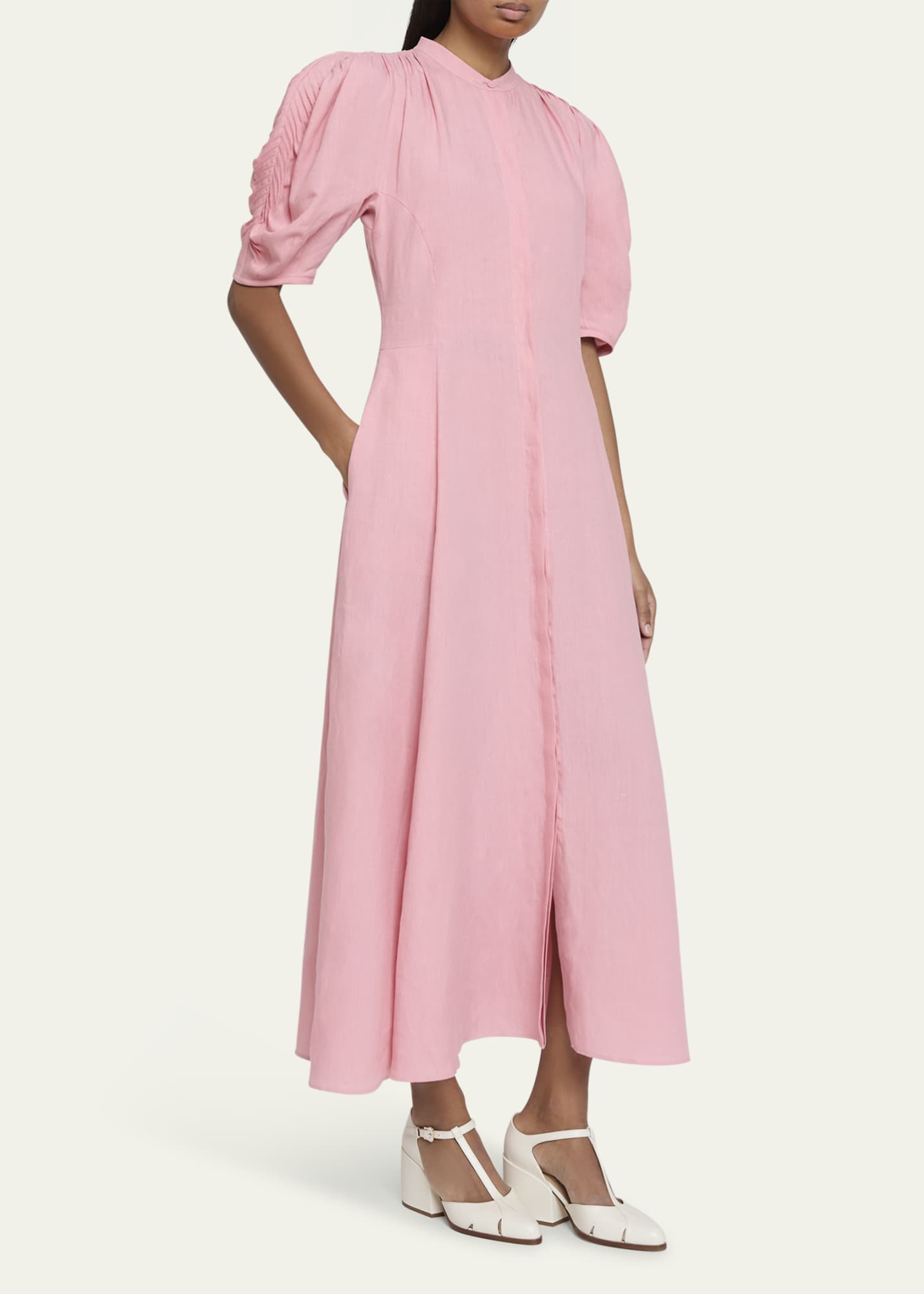 Gabriela Hearst Arabella Puff-Sleeve Linen Dress Image 4 of 5