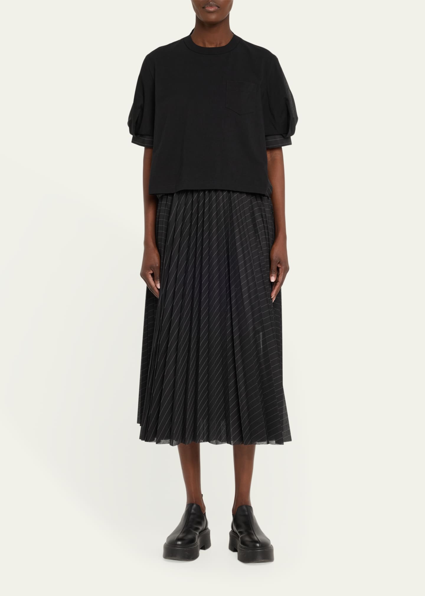 SACAI Pinstripe Pleated Midi Skirt Image 2 of 5