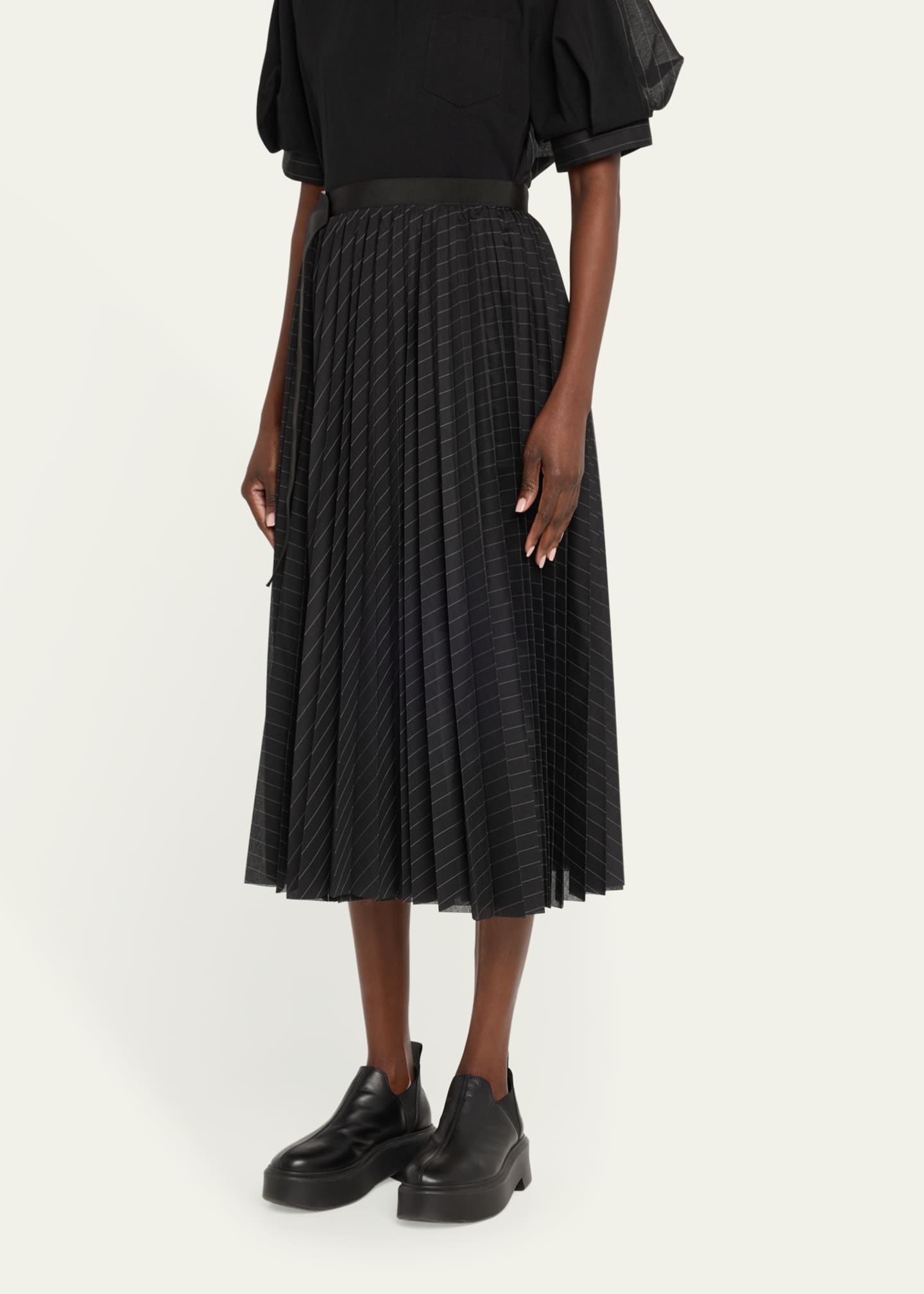 SACAI Pinstripe Pleated Midi Skirt Image 4 of 5
