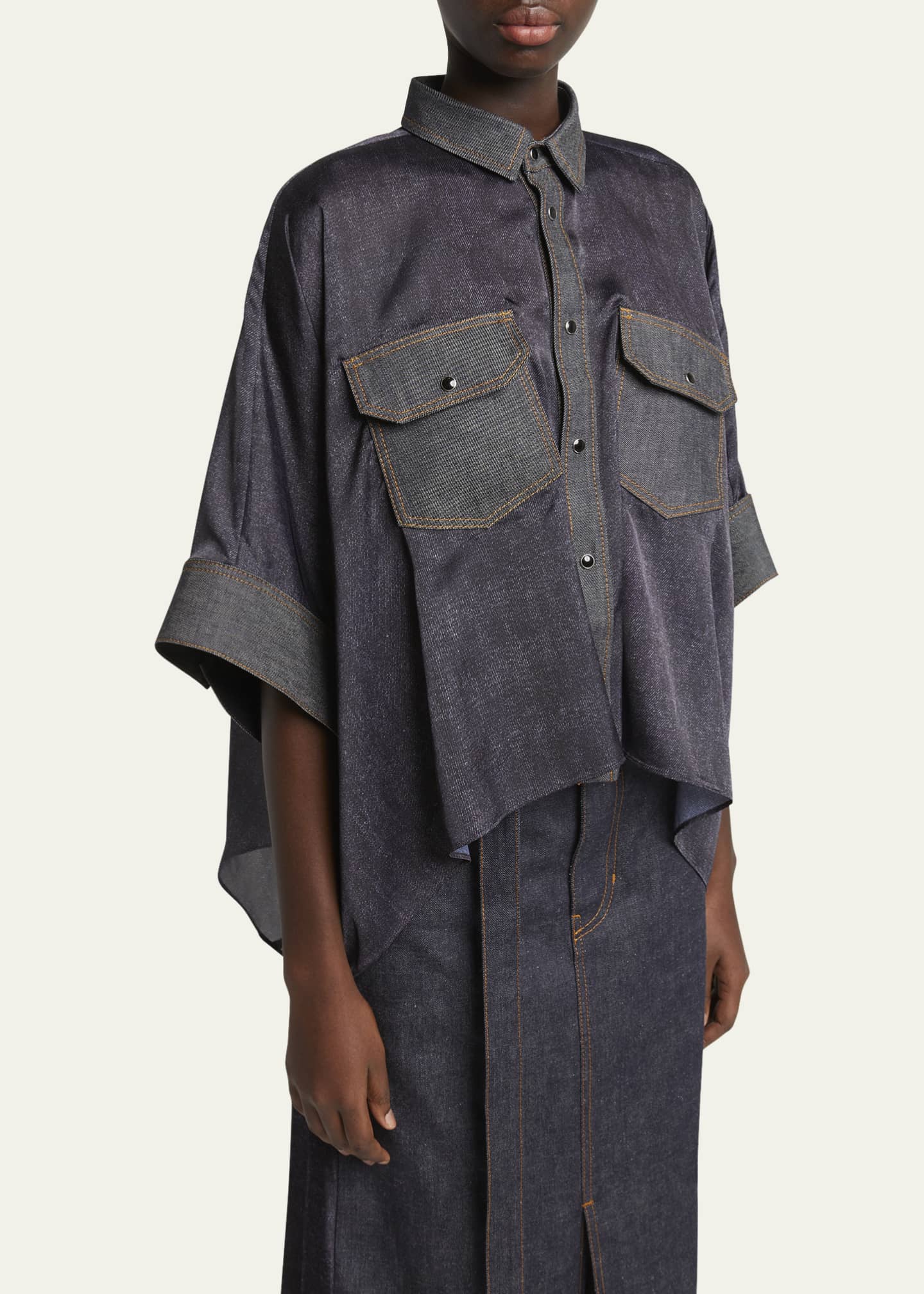 SACAI Denim Button Down Flowy Blouse - Bergdorf Goodman
