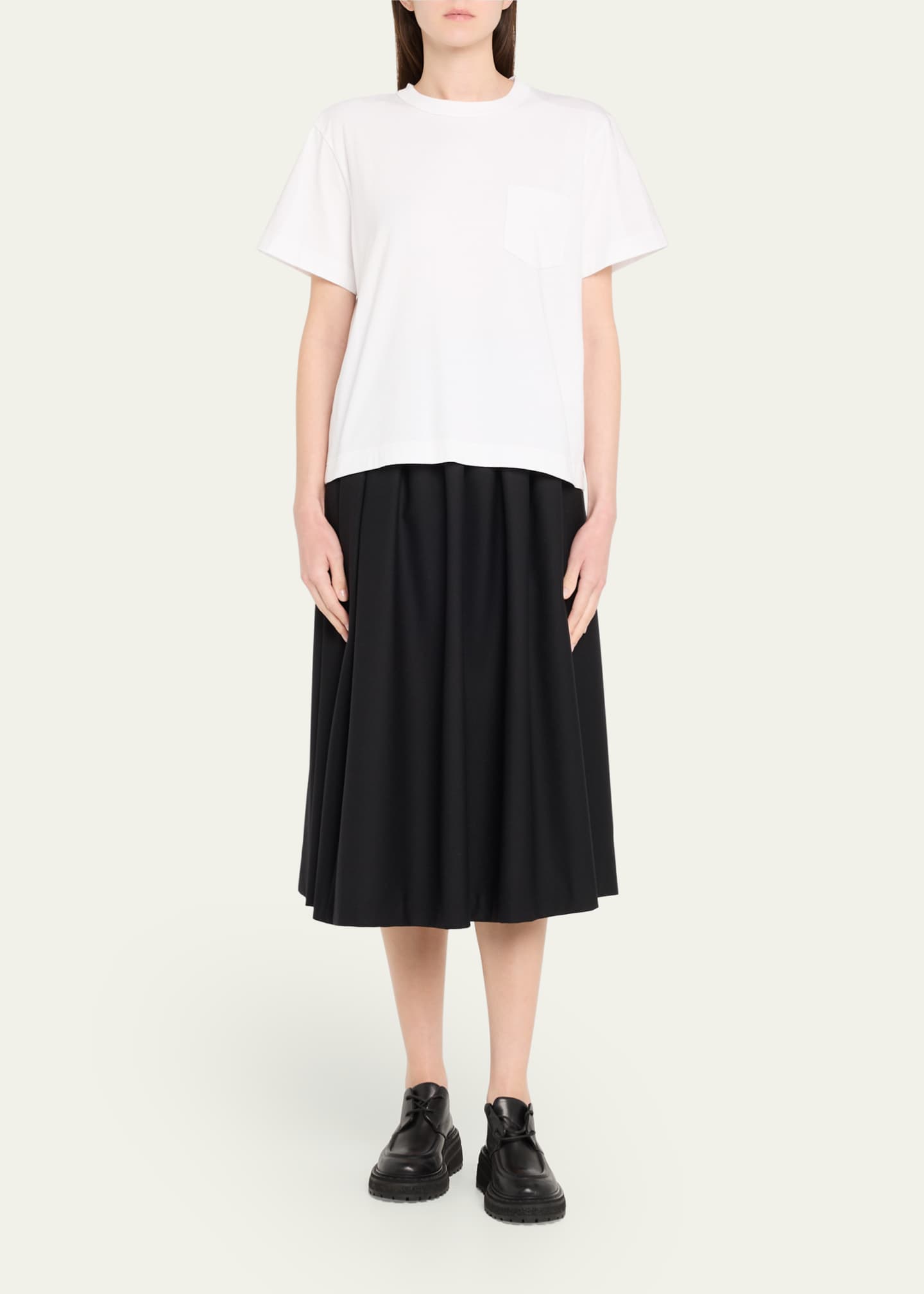 SACAI Hybrid Satin Ruffle Back Knit Front T-Shirt - Bergdorf