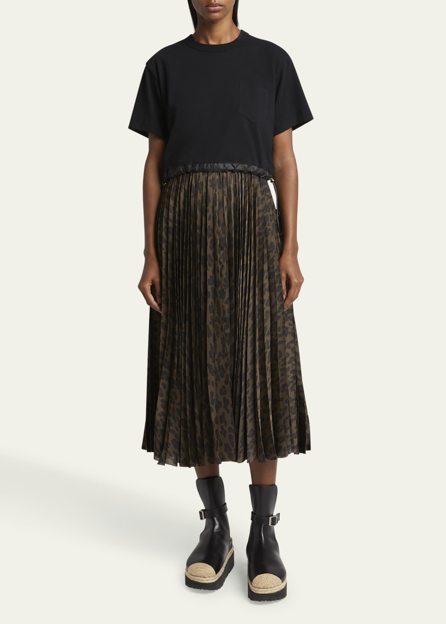SACAI Leopard Pleated Midi T-Shirt Dress Image 2 of 5