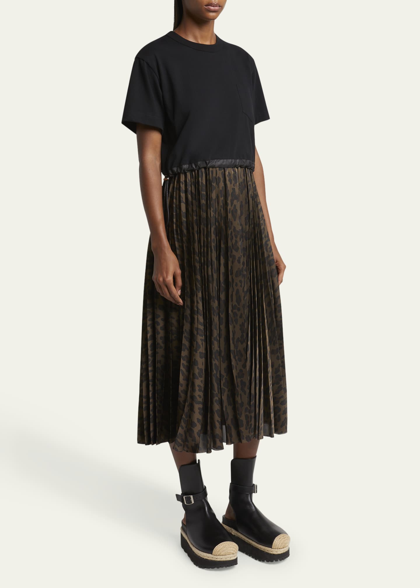 SACAI Leopard Pleated Midi T-Shirt Dress Image 4 of 5