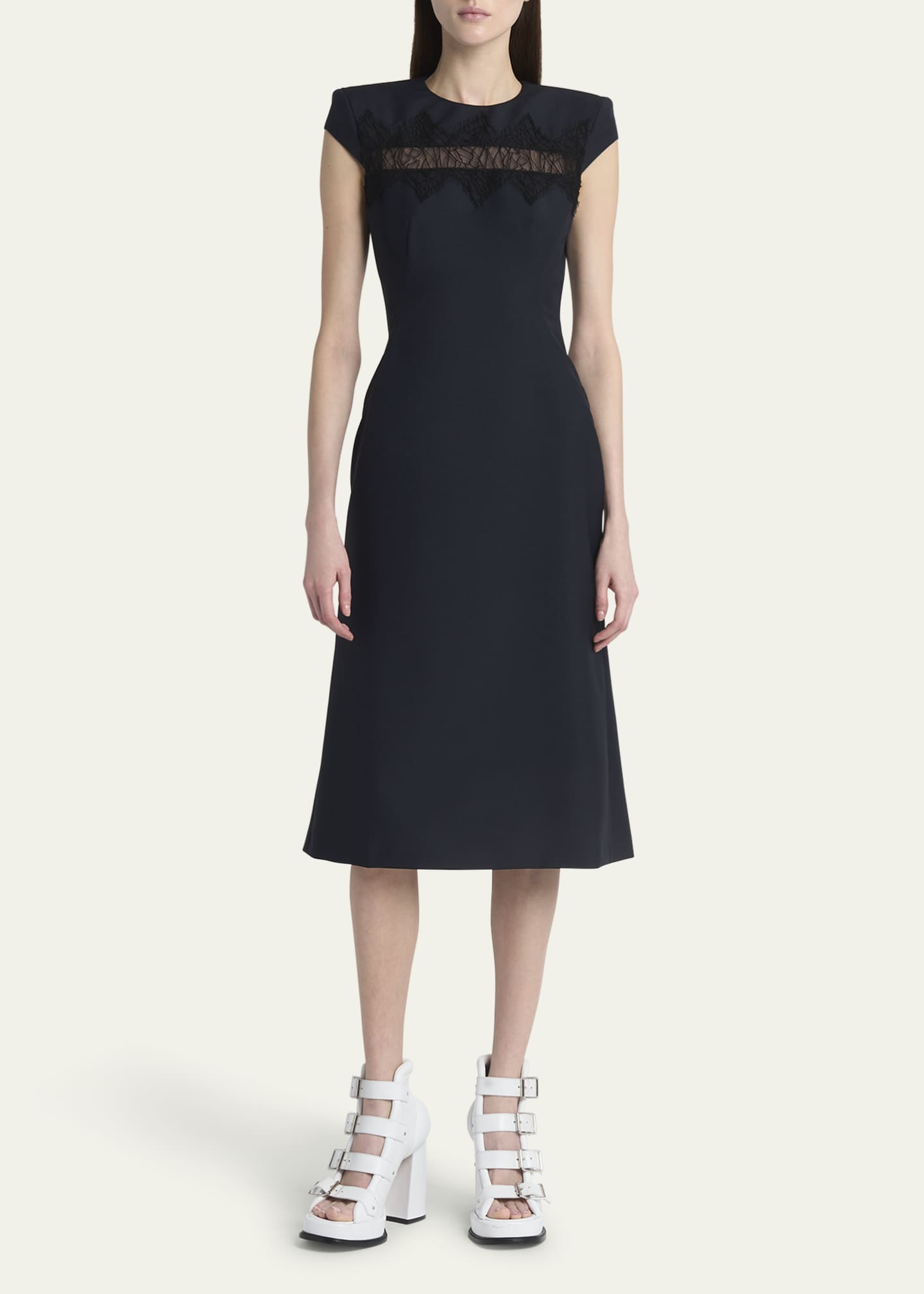 McQueen Spider Lace Cap-Sleeve Wool Mohair Midi Dress Image 2 of 5
