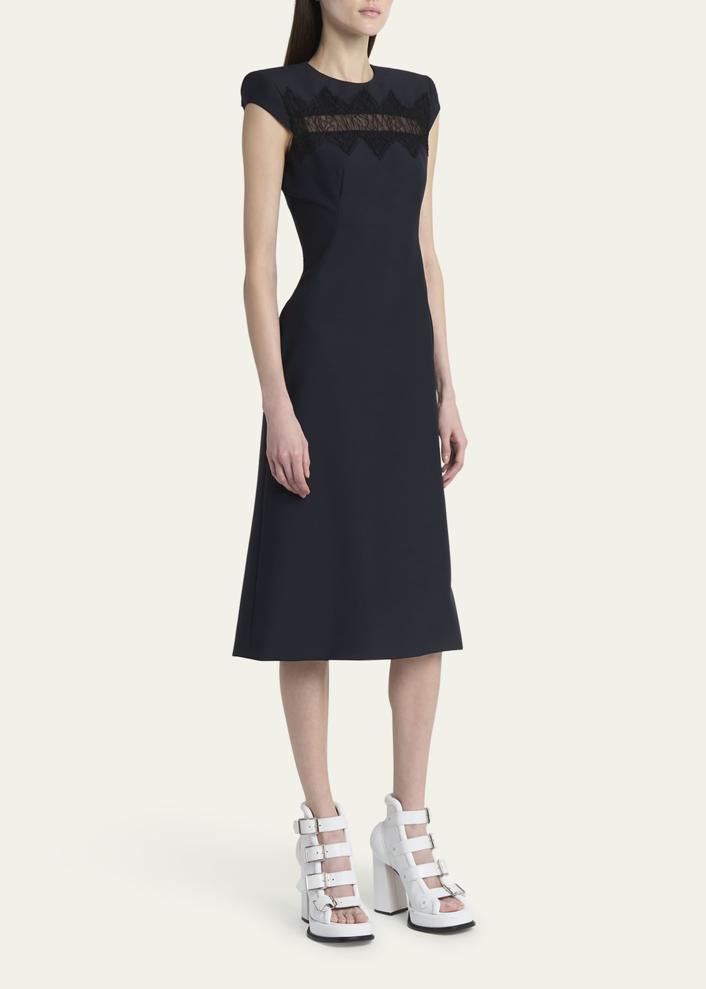 McQueen Spider Lace Cap-Sleeve Wool Mohair Midi Dress Image 4 of 5