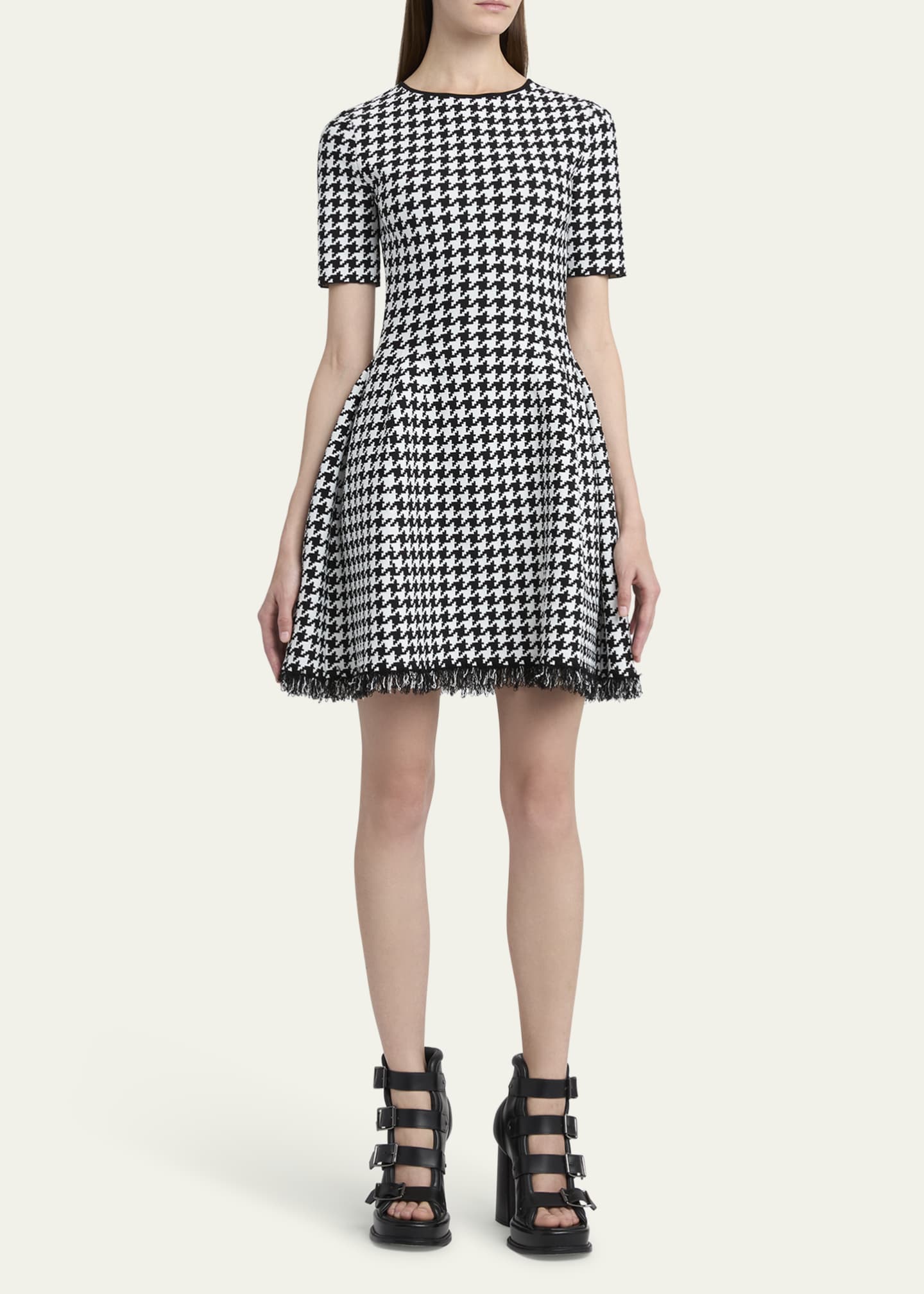 McQueen Houndstooth Fit-Flare Fringe Knit Mini Dress Image 2 of 5