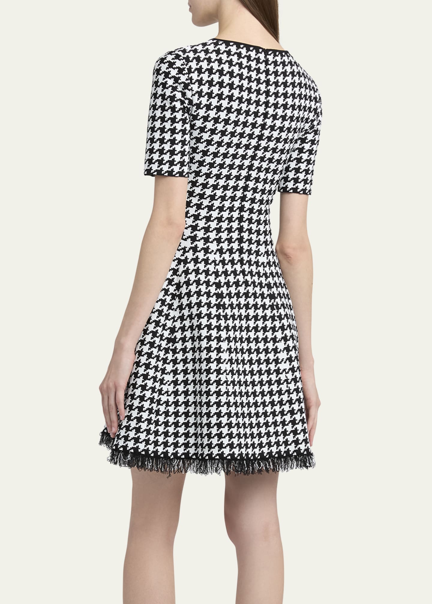 McQueen Houndstooth Fit-Flare Fringe Knit Mini Dress Image 3 of 5