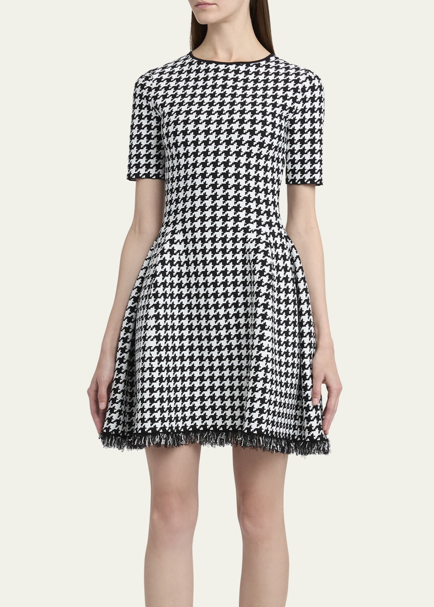 McQueen Houndstooth Fit-Flare Fringe Knit Mini Dress Image 4 of 5