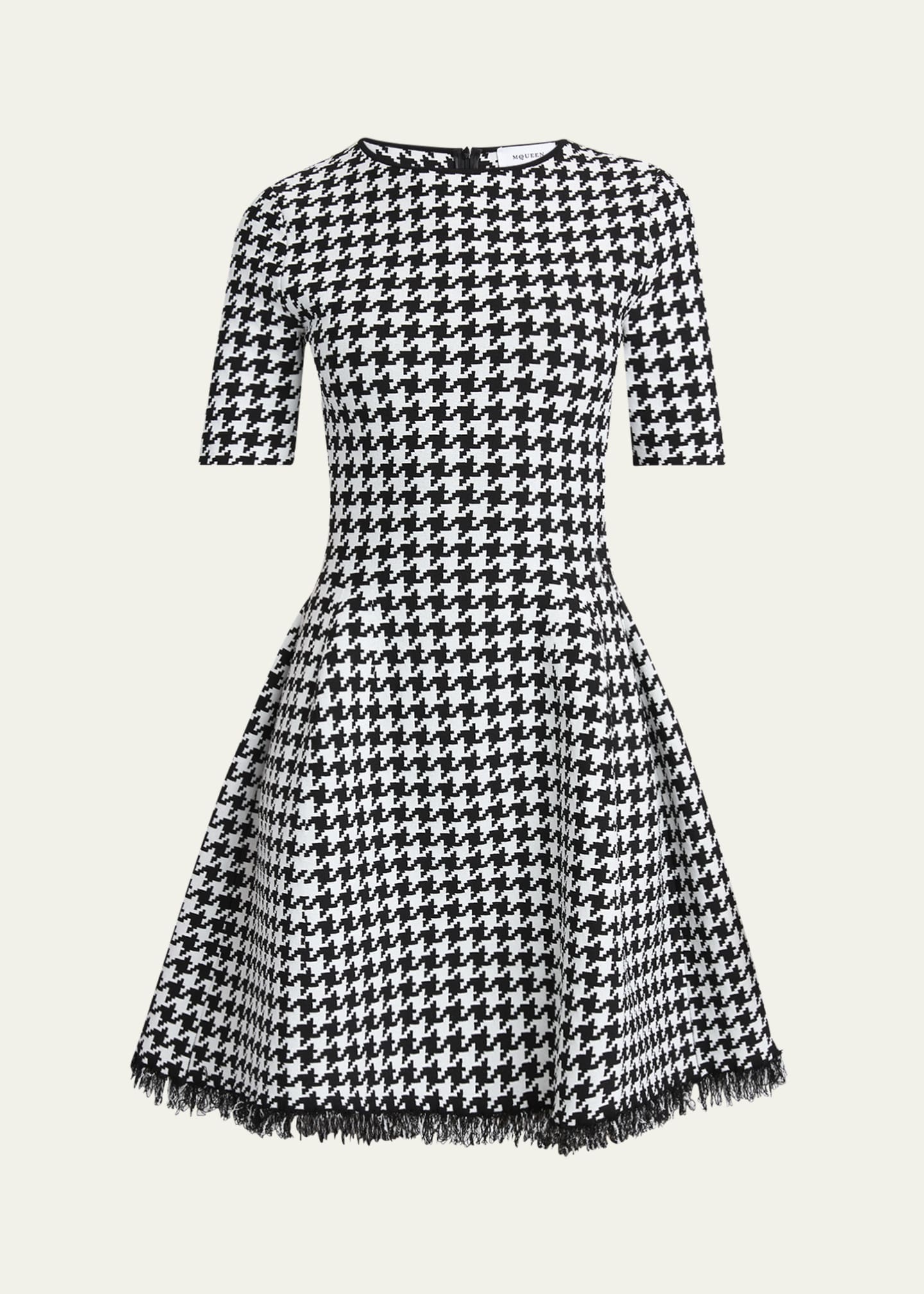 McQueen Houndstooth Fit-Flare Fringe Knit Mini Dress Image 1 of 5