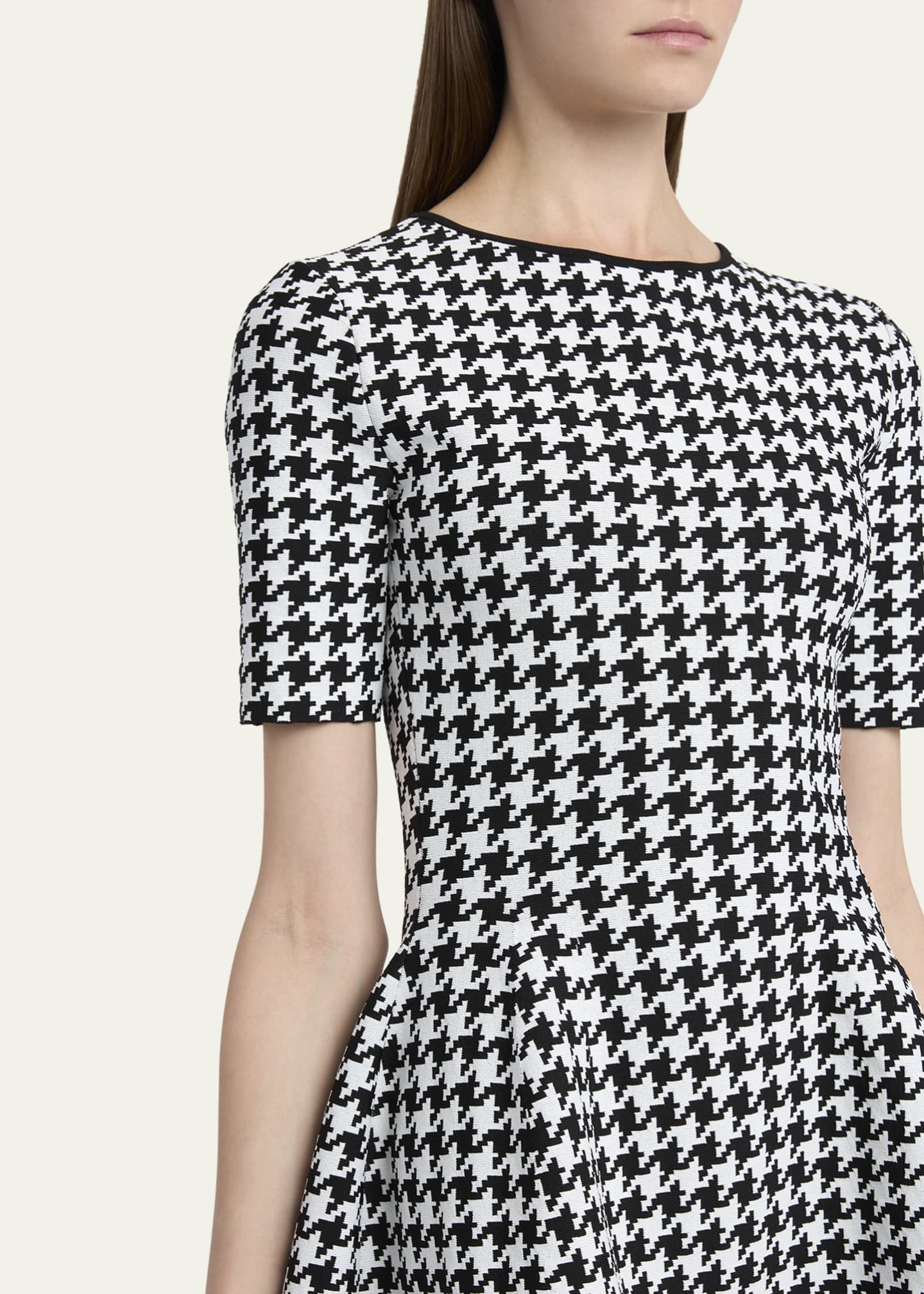 McQueen Houndstooth Fit-Flare Fringe Knit Mini Dress Image 5 of 5