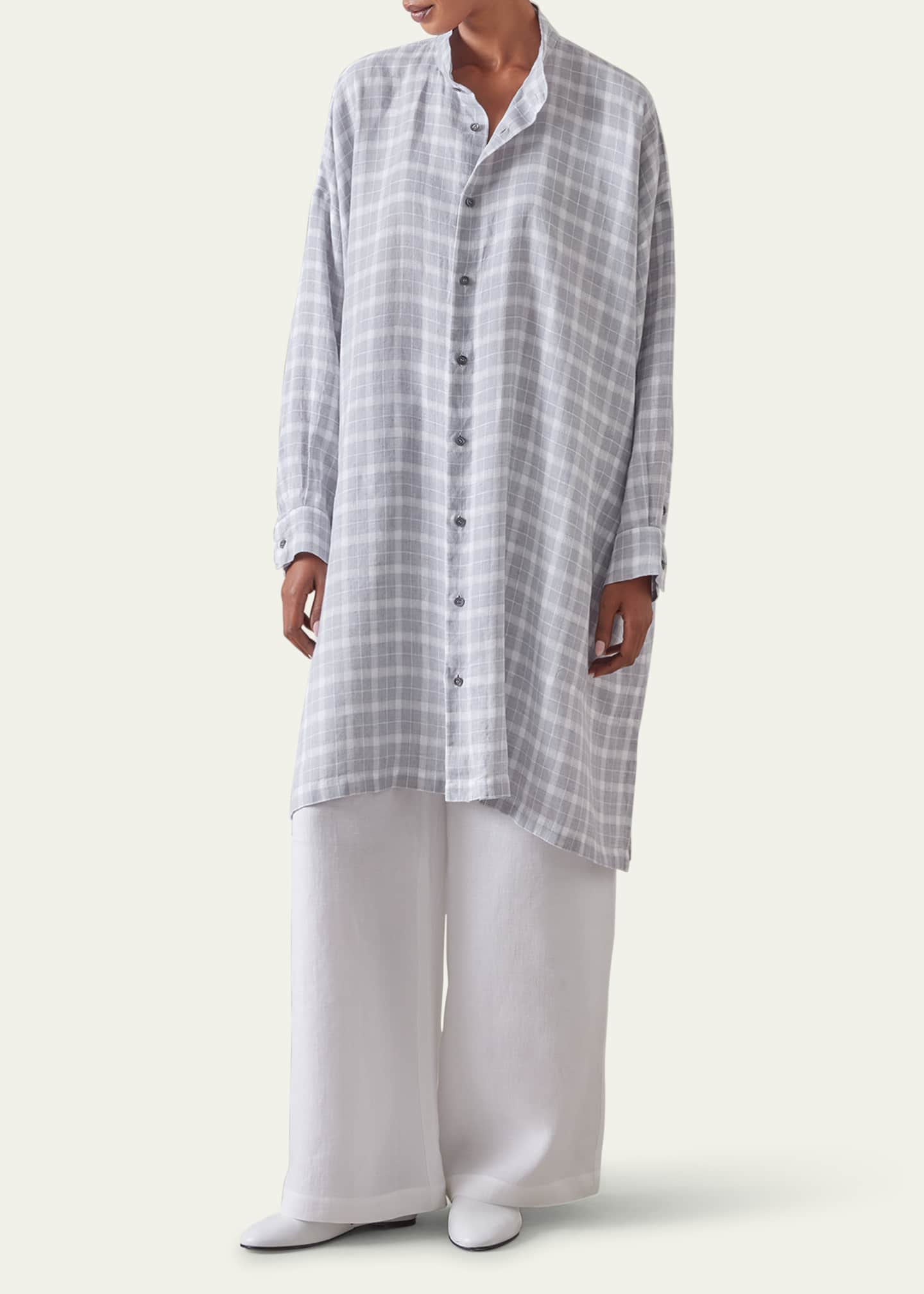 Eskandar Wide A-Line Collarless Shirt With Slits (Very Long Length) Image 2 of 5